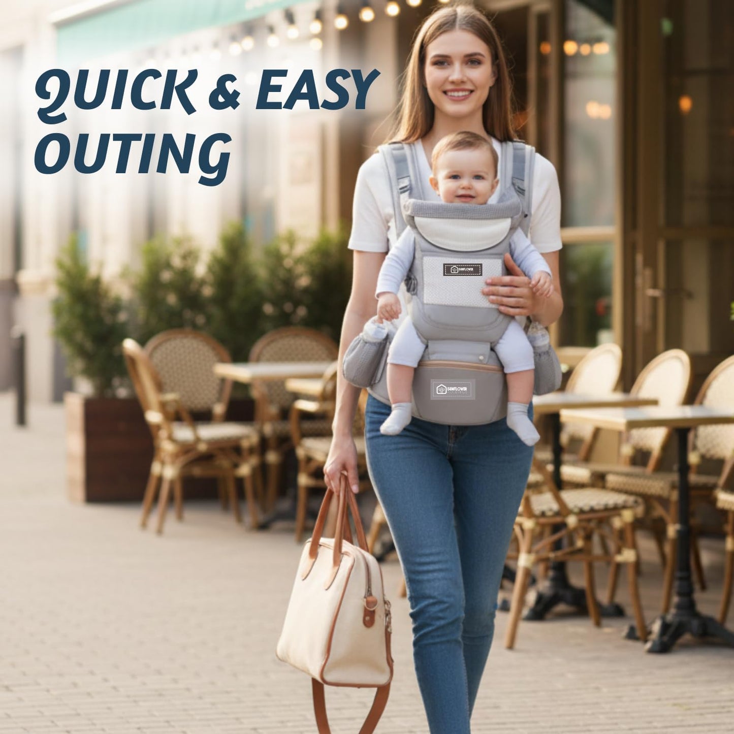Baby Hip Carrier with Detachable Hip Seat and Head Support, 6 in 1 Toddler Carrier M-Shape Ergonomic Baby Carrier Newborn to Toddler, Adjustable Shoulder Straps, Bottle Holder & Storage Pocket - Grey