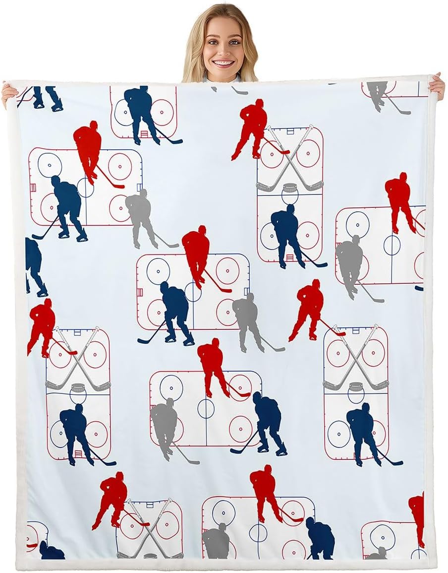 Manfei Ice Hockey Throw Blanket Red Blue Grey Hockey Player Fleece Blanket Winter Sports Theme Cozy Throws for Bed Couch Sofa,Kids Boys Girls Room Decor,Soft and Breathable(40 x 50 Inches)