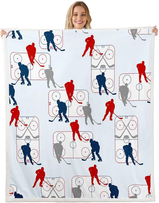 Manfei Ice Hockey Throw Blanket Red Blue Grey Hockey Player Fleece Blanket Winter Sports Theme Cozy Throws for Bed Couch Sofa,Kids Boys Girls Room Decor,Soft and Breathable(40 x 50 Inches)