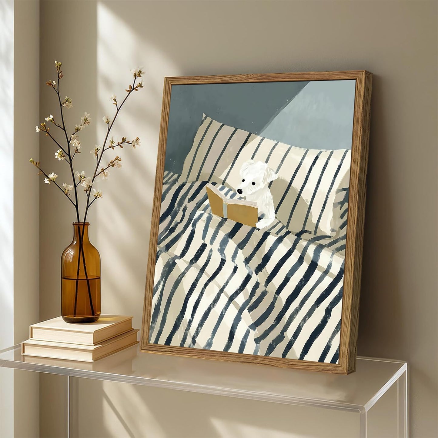 Funny Dog Reading Wall Art Whimsical Dog in White and Blue Striped Bed Wall Decor Painting Eclectic Animal Poster Canvas Print for Bedroom Living Room Bathroom 24x16 inch Wood Framed