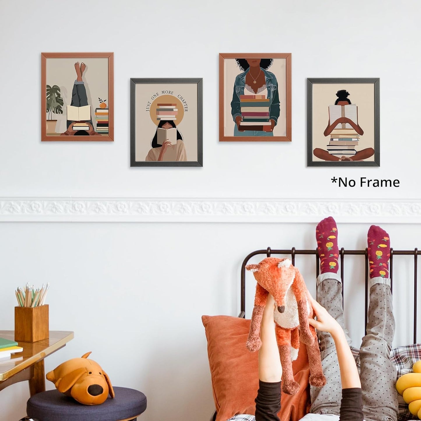 AEHIE Boho Black Women Reading Wall Art Poster Prints for Library Reading Room Classroom Decor, Just One More Chapter Book Club Decorations Prints Wall Art Unframed 4pcs 8x10inches, Book Lovers Gifts
