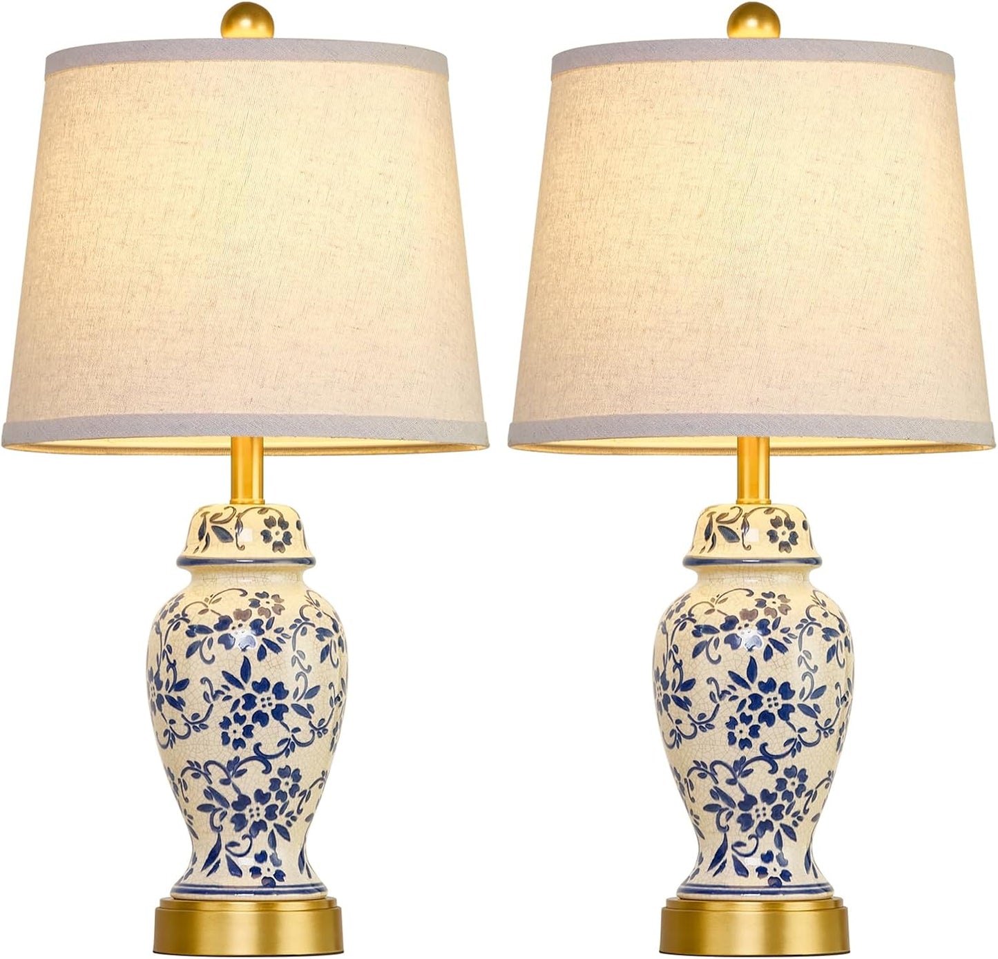 RORIANO Chinoiserie Ceramic Table Lamps Set of 2 for Living Room Bedroom Bedside, Traditional Blue Porcelain Classic Table Lamp for Nightstand Entryway, 2 LED Bulbs Included (Gold)