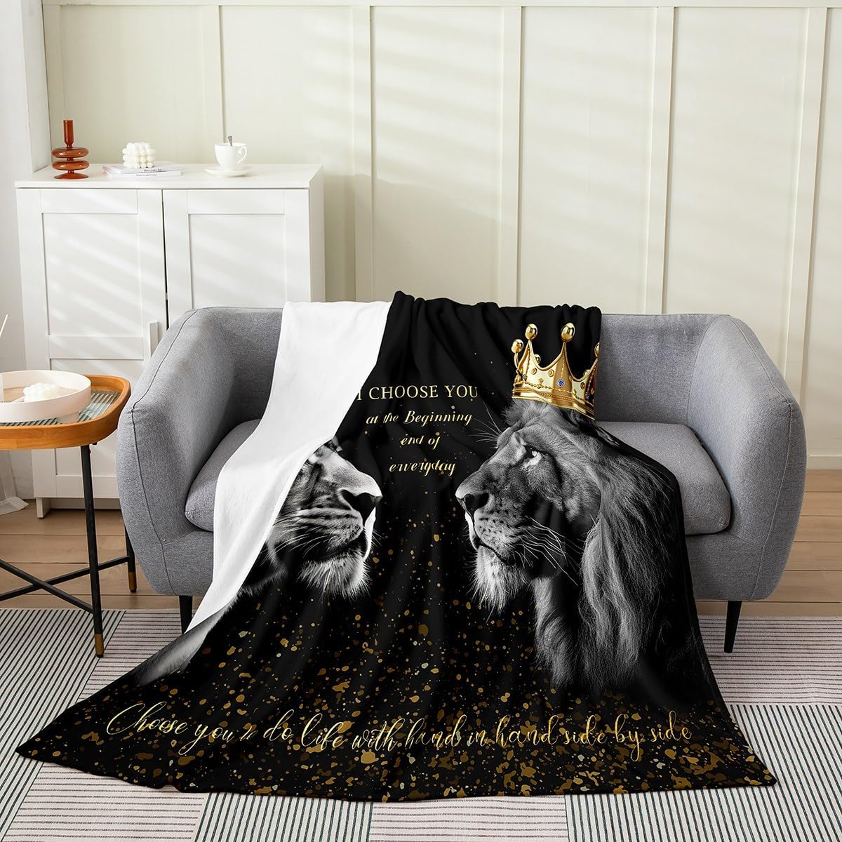 Manfei Lion Fleece Throw Blanket All Season Wild Lions Couple Bed Blanket Queen King Crown Fuzzy Blanket for Bed Sofa Couch Valentine's Day Balck Plush Blanket 50"x60"