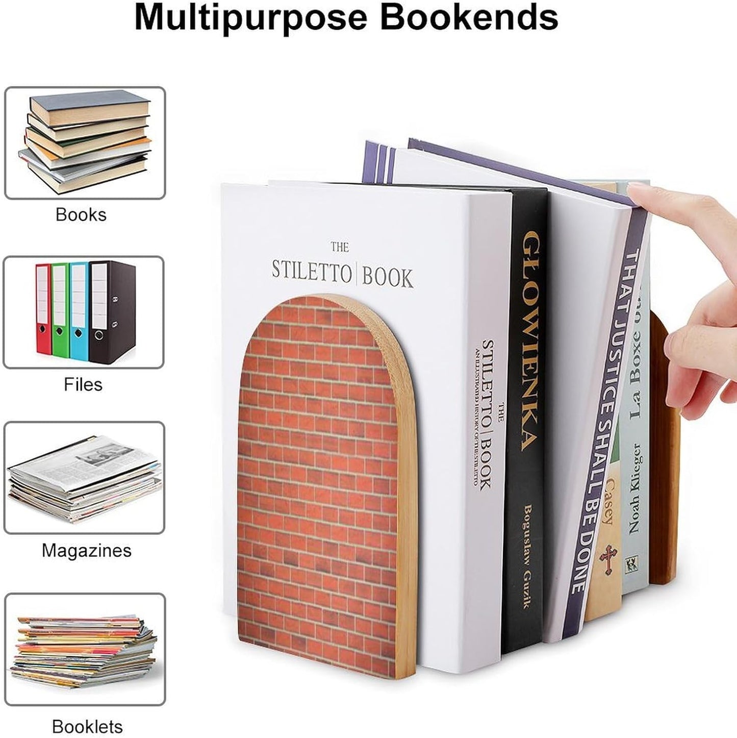 Red Brick Wall Texture Wooden Bookend Non-Slip Book Ends Heavy Duty Book Stopper with Metal Base Books Holderd Decorative Bookends Stands Firmly for Office Supplies