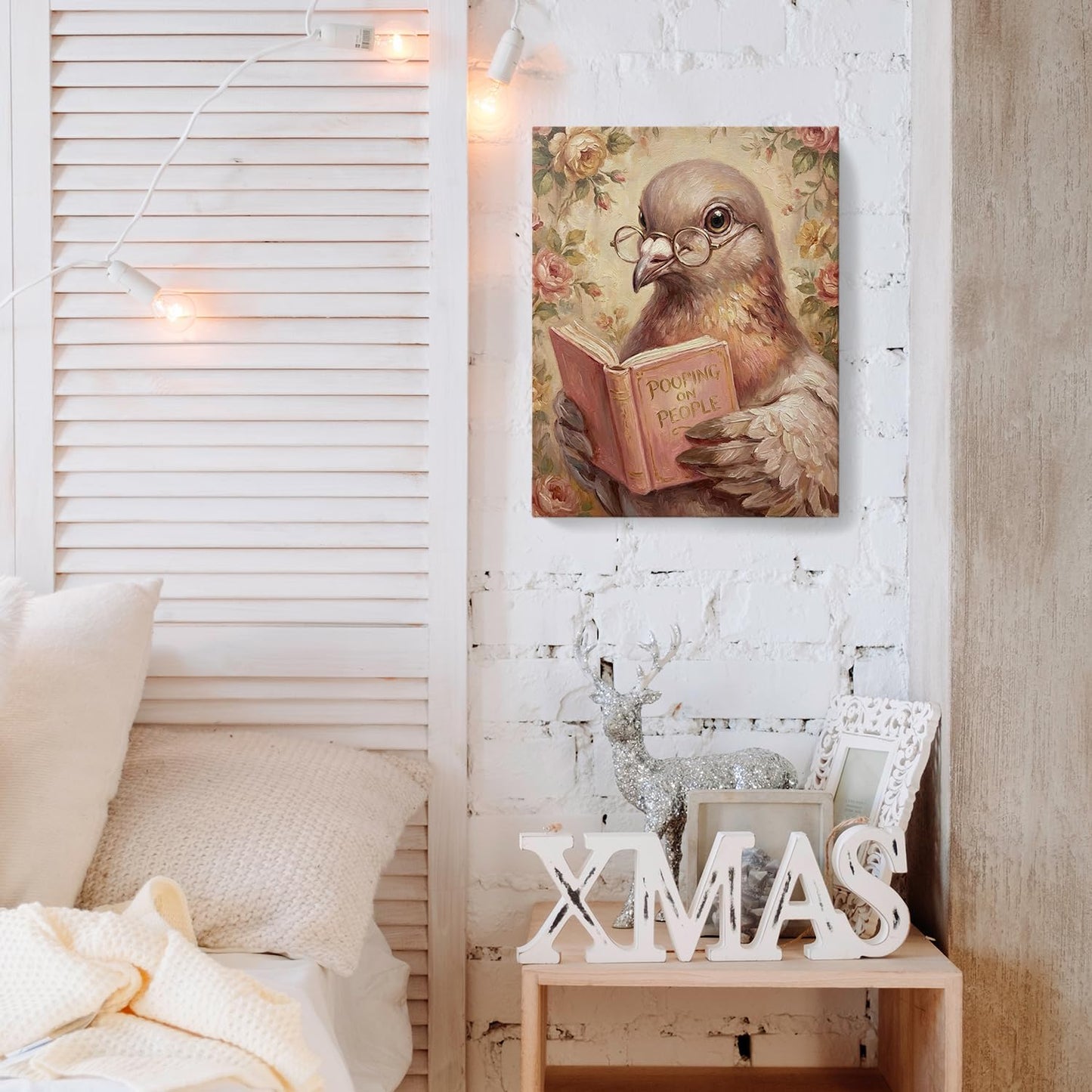 TAZSWDMM Pigeon Reading Book Framed Canvas Wall Art Posters, Book Lover Reader Gifts, Pooping on People Quirky Bird Wall Art Prints for Home Bathroom Reading Room Decor, 11x14 Inch