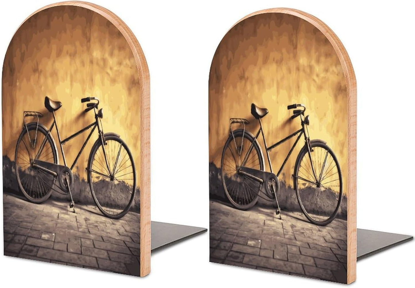 Old Bicycle Bookends 1 Pair Heavy Duty Book Ends for Shelves Non-Skid Bookend Supports Wooden Book Holders with Metal Base Desk Organizers Books Storage to Hold Books