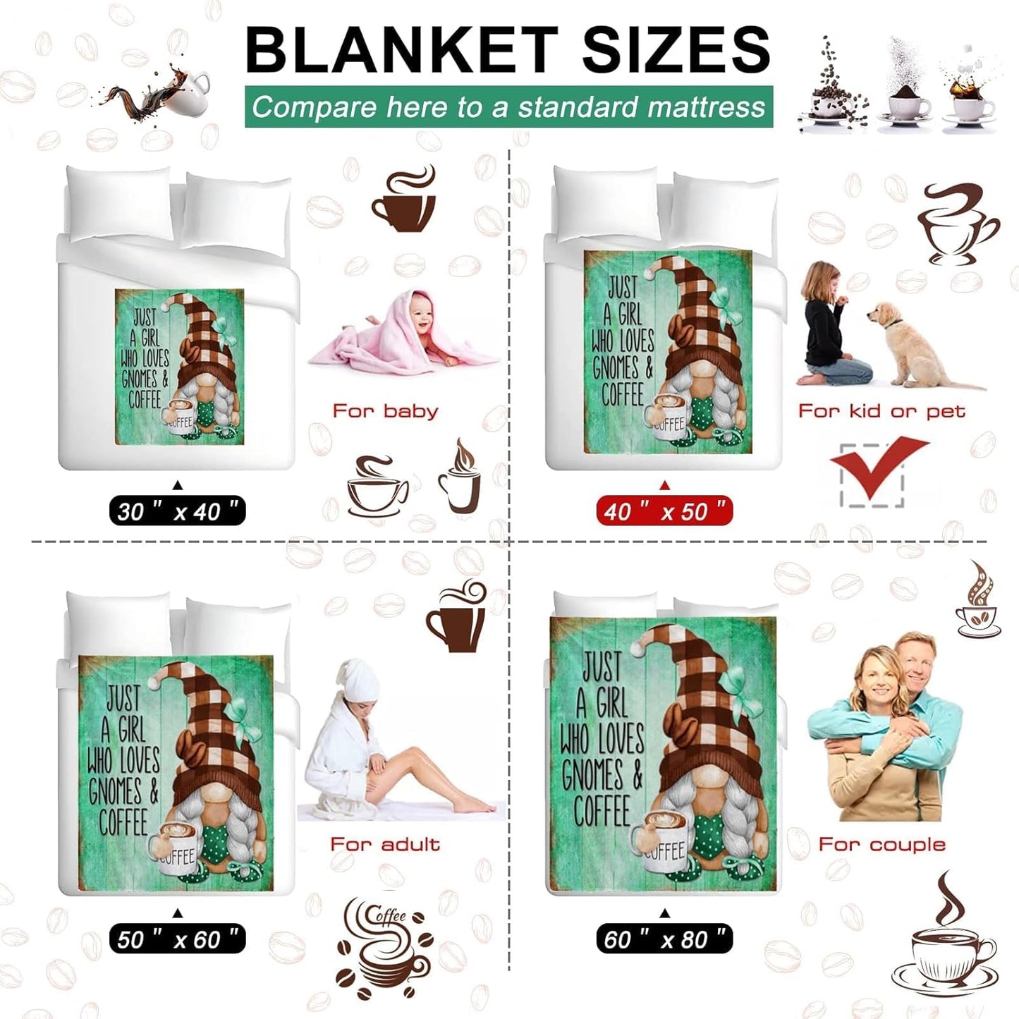 Coffee Gnome Blanket for Girls- Gnomes Gifts for Gnome Lovers, Daughter, Kids, Galentine's Day Soft Spring Gnome Theme Throw Blanket, 50x40 Inches