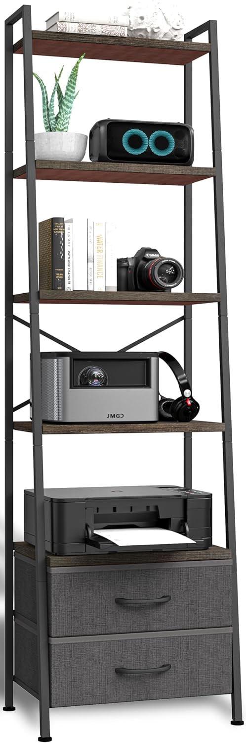 Whitmor 5-Tier Bookshelf with 2 Drawers, Narrow Modern Display Bookcase with Wood Shelves & Metal Frame, Freestanding Storage Rack for Living Room, Bedroom, Bathroom, Home Office, Black