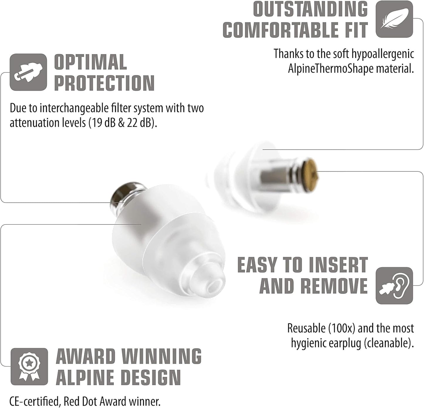 Alpine MusicSafe Pro - High Fidelity Earplugs for Musicians - 3 Interchangeable Premium Filter Sets: 16, 19 & 22 dB - Professional Musician Hearing Protection - Transparent