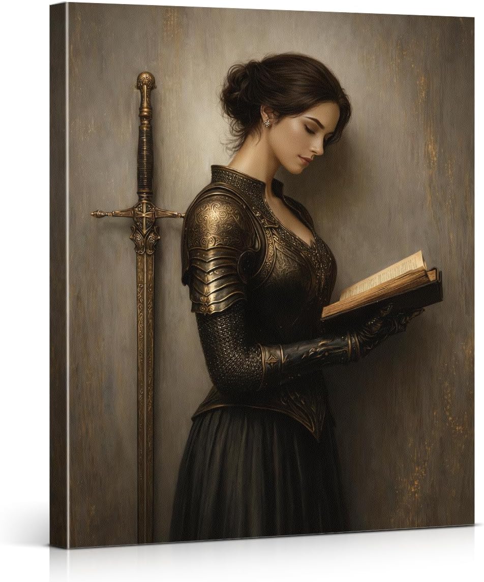 Victorian Woman Reading Wall Art Vintage Female Knight Canvas Print Poster Dark Academia Wall Decor for Home Farmhouse Reading Nook 8x10 Inch Framed