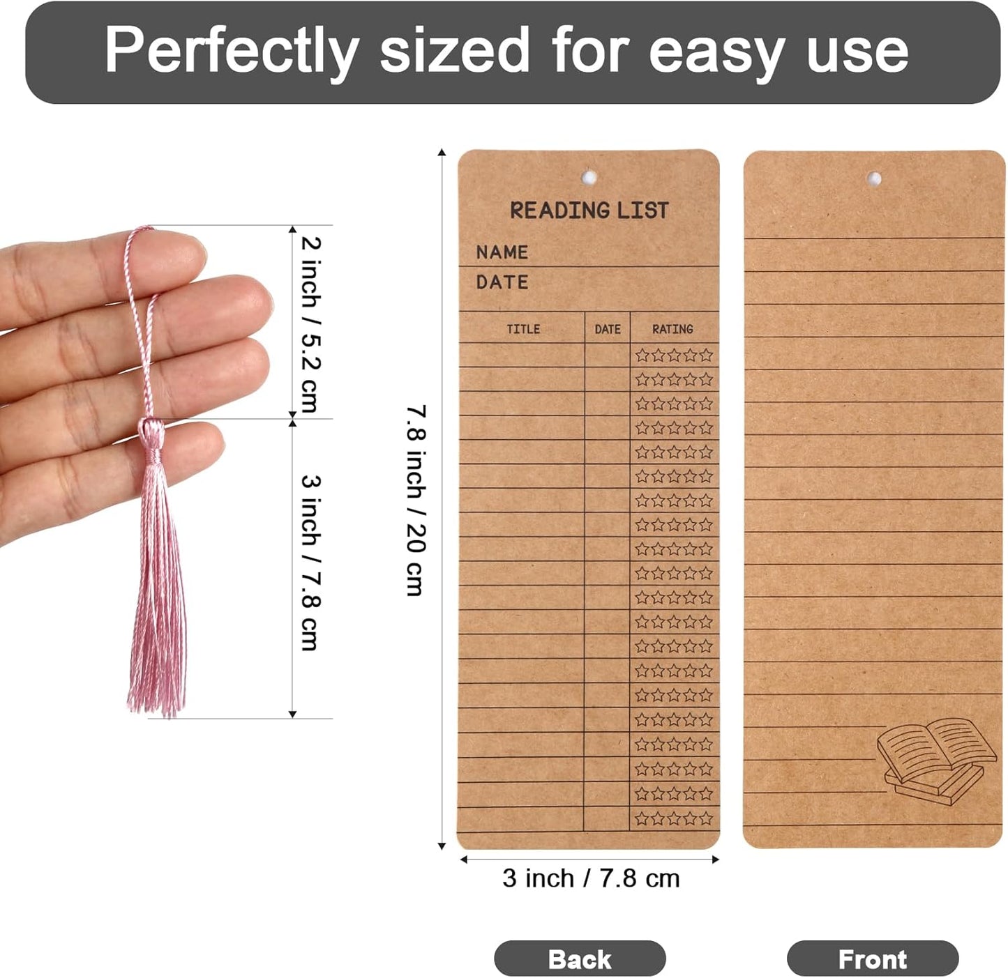 50 pcs Reading List Bookmarks with 50 Bookmark Tassels – 3x8 Inch Book Tracker and Reading Log Bulk Bookmarks for Book Lovers, Students, Teachers – Graduation Gifts, Back-to-School Supplies (Brown)