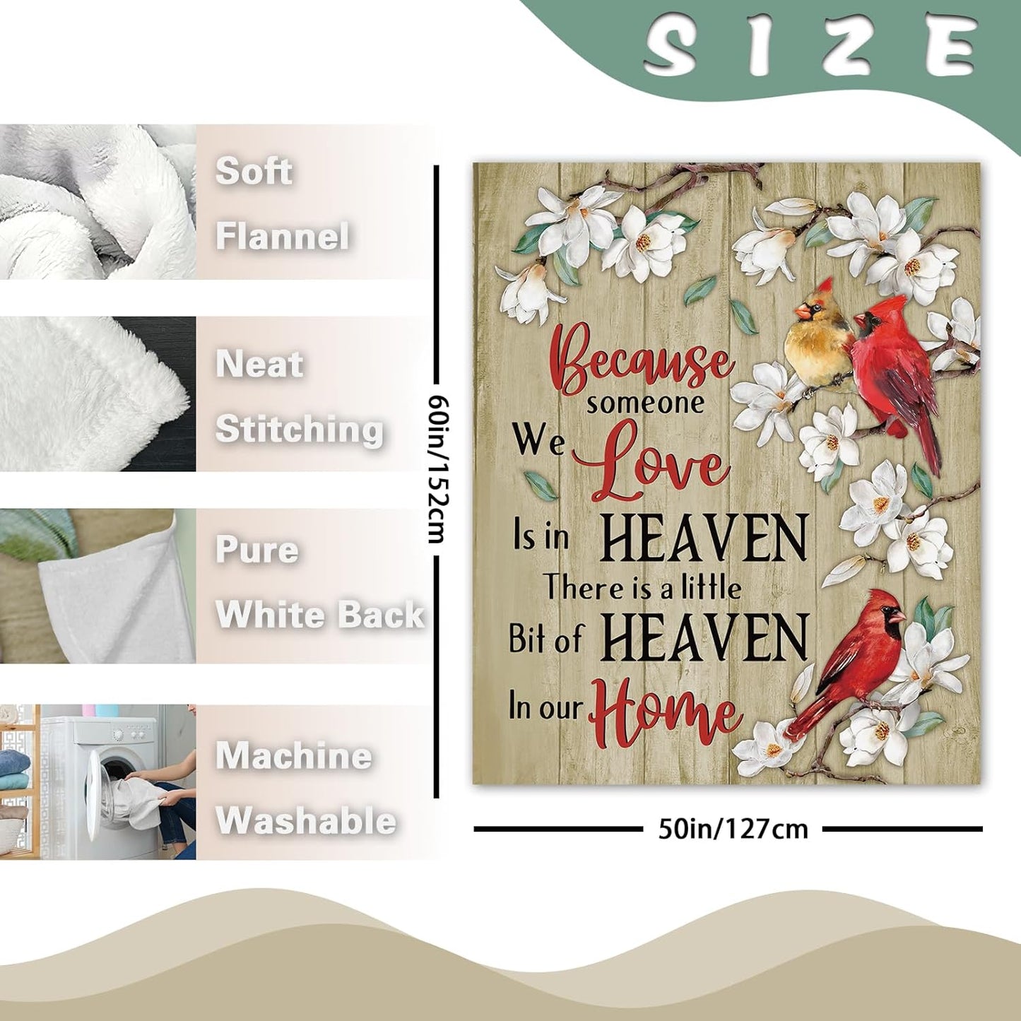 Memorial Cardinal Flannel Throw Blanket, Sympathy Gifts for Memory Lost Loved Ones Friends Family Members, Red Birds Magnolia Flower Farmhouse Soft Blankets for Bedding Sofa 50 x 60 Inches