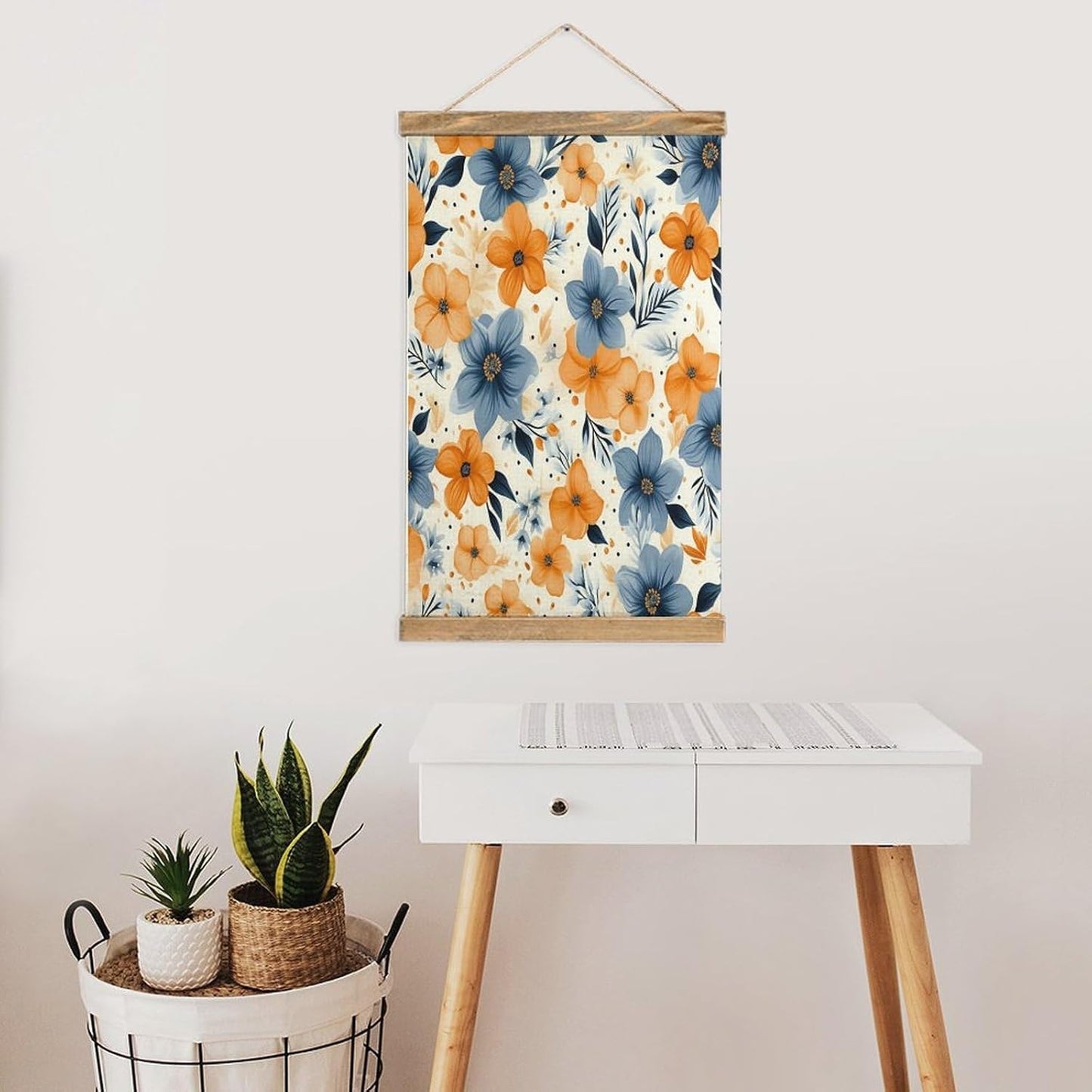 Vintage Blue And Orange Flowers on White Background Poster with Wooden Frame Personalized Linen Hanging Scroll Painting Rustic Wall Hanging Illustrative Modern Artwork Decor for Home Living Room Bedro