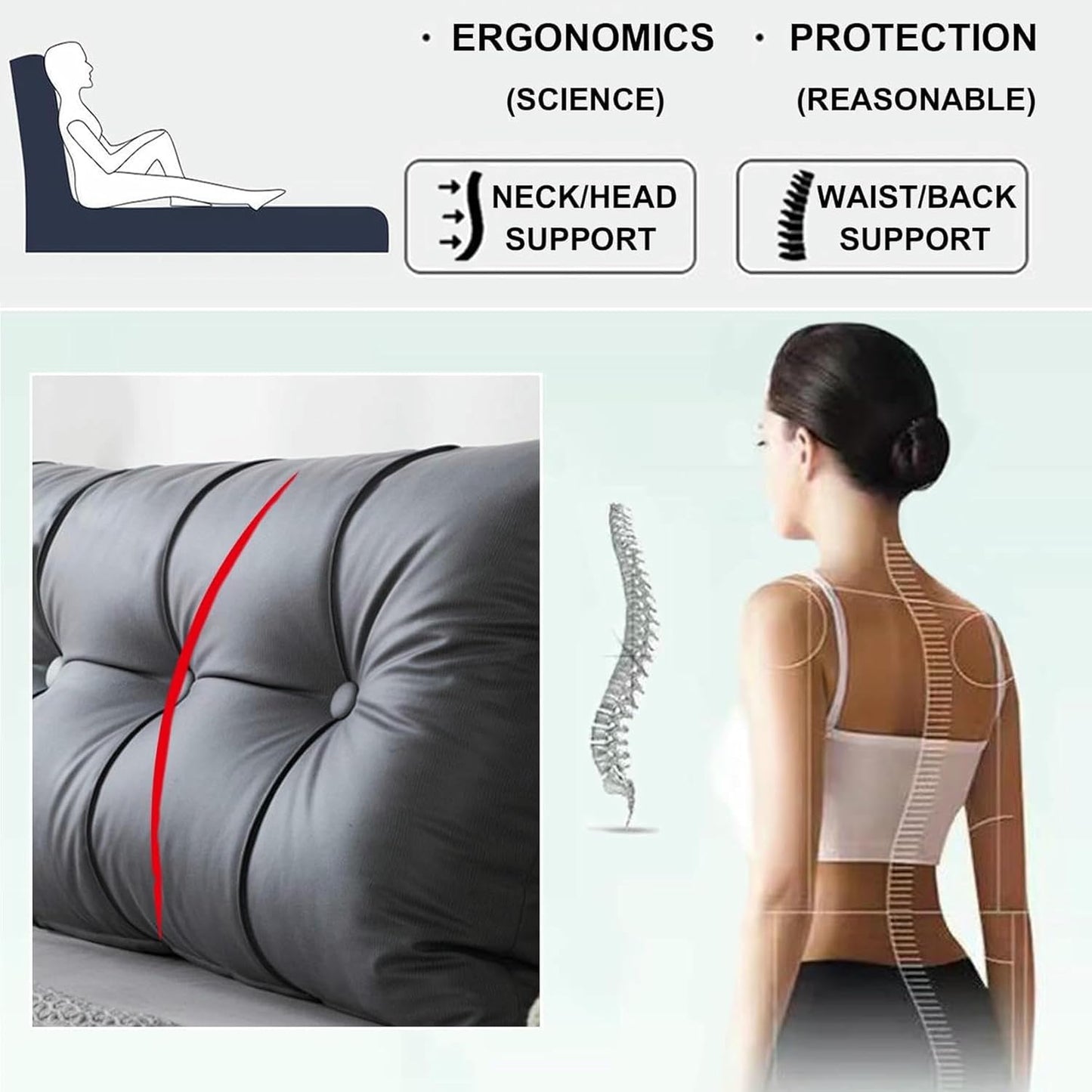 Soft Reading Bed Rest Pillow,Long Headboard Backrest Large Bolster Wedge Pillow Solid Color Neck/Back/Lumbar Support Pillowboard Dorm Daybed Cushion~/