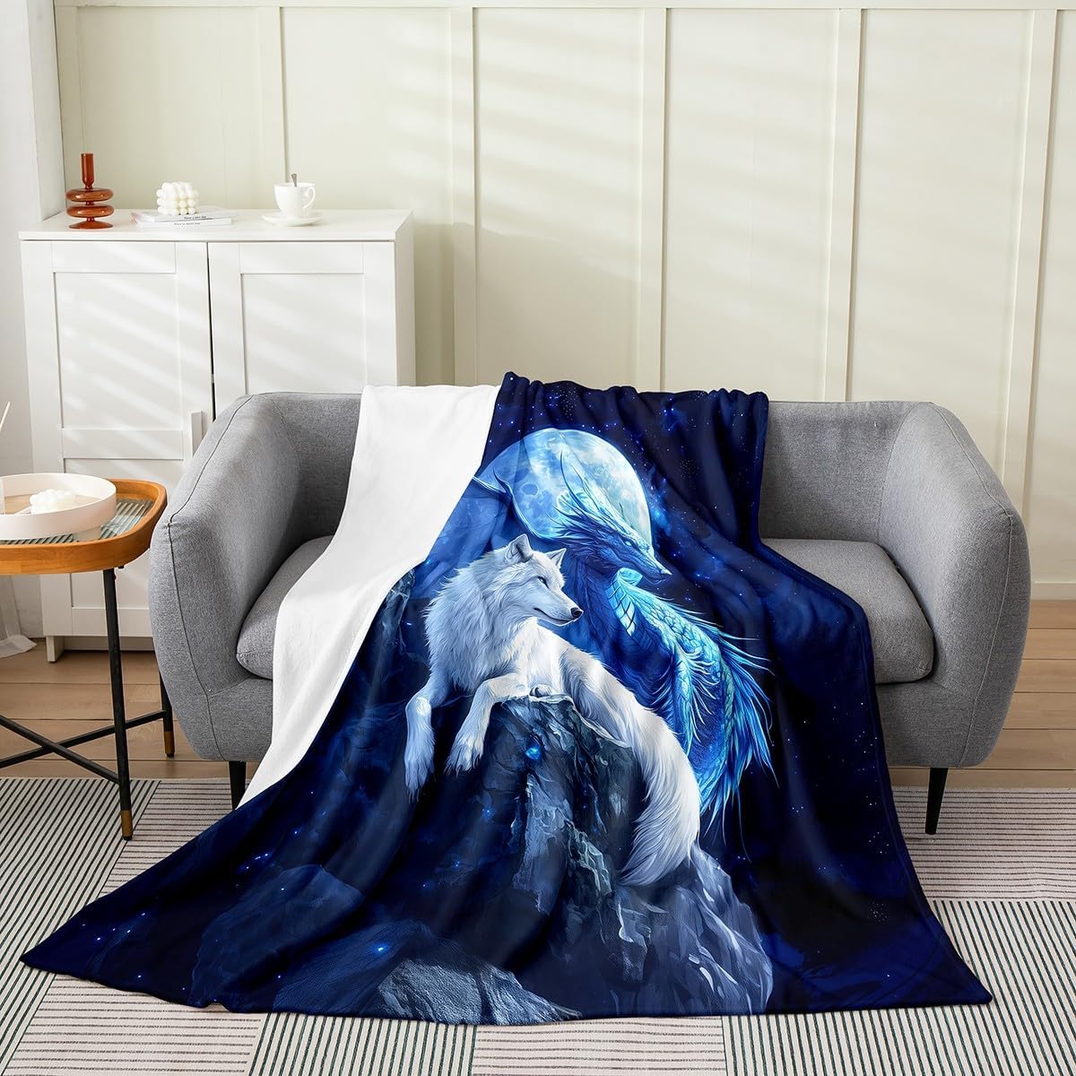 Wolf and Dragon Flannel Blankets,Western Magical Animals Fleece Blanket,Kids Girls Boys Adult Moonlight Night Fuzzy Blankets Natural Mountain Sherpa Blanket Chair Sofa Bed Decor,50"×60"