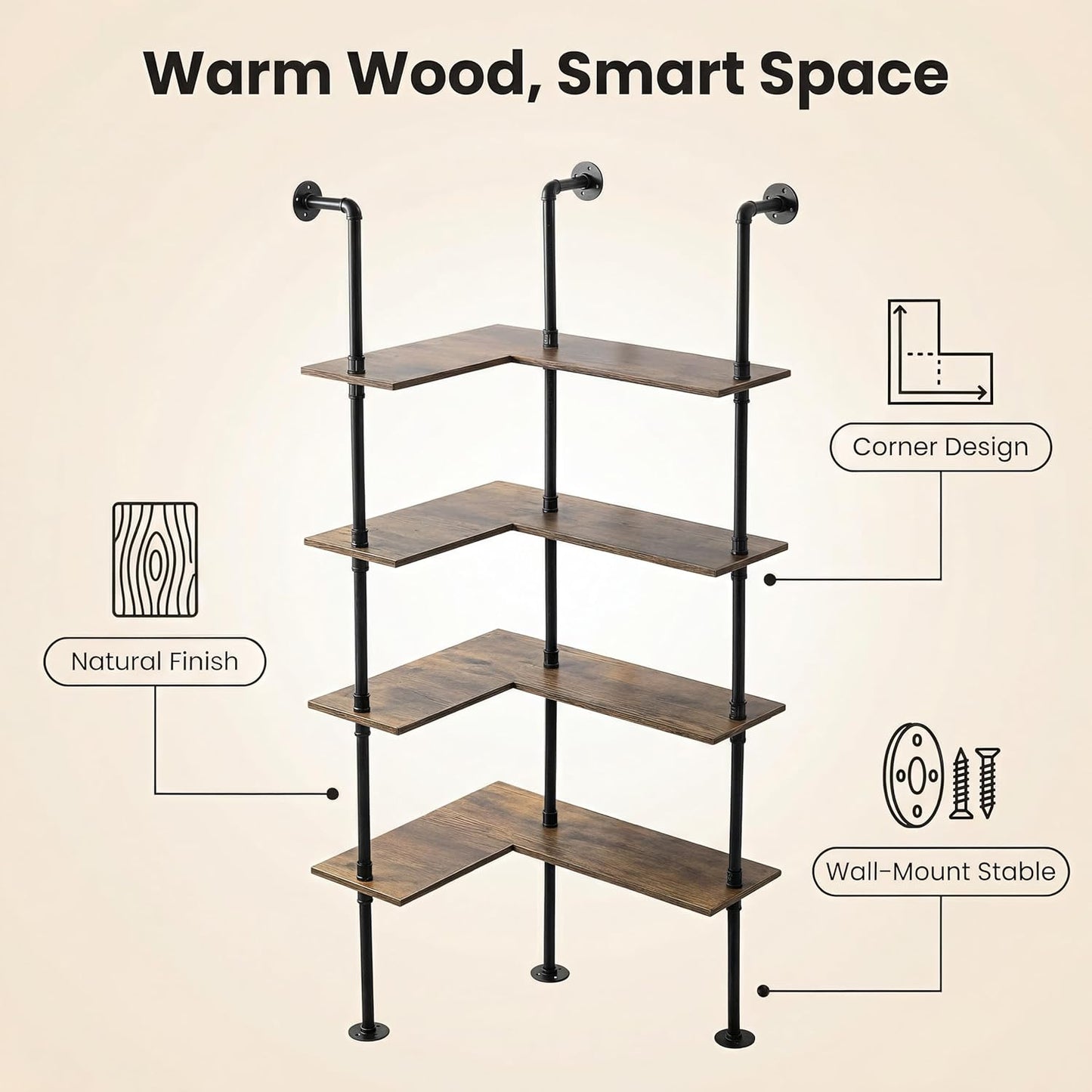 Industrial Pipe Corner Bookshelf, Wall Wooden Bookcase with Open Shelves, L Shaped Ladder Pipe Pantry Shelving for Living Room, Bedroom, Home, Office, 4 Tiers