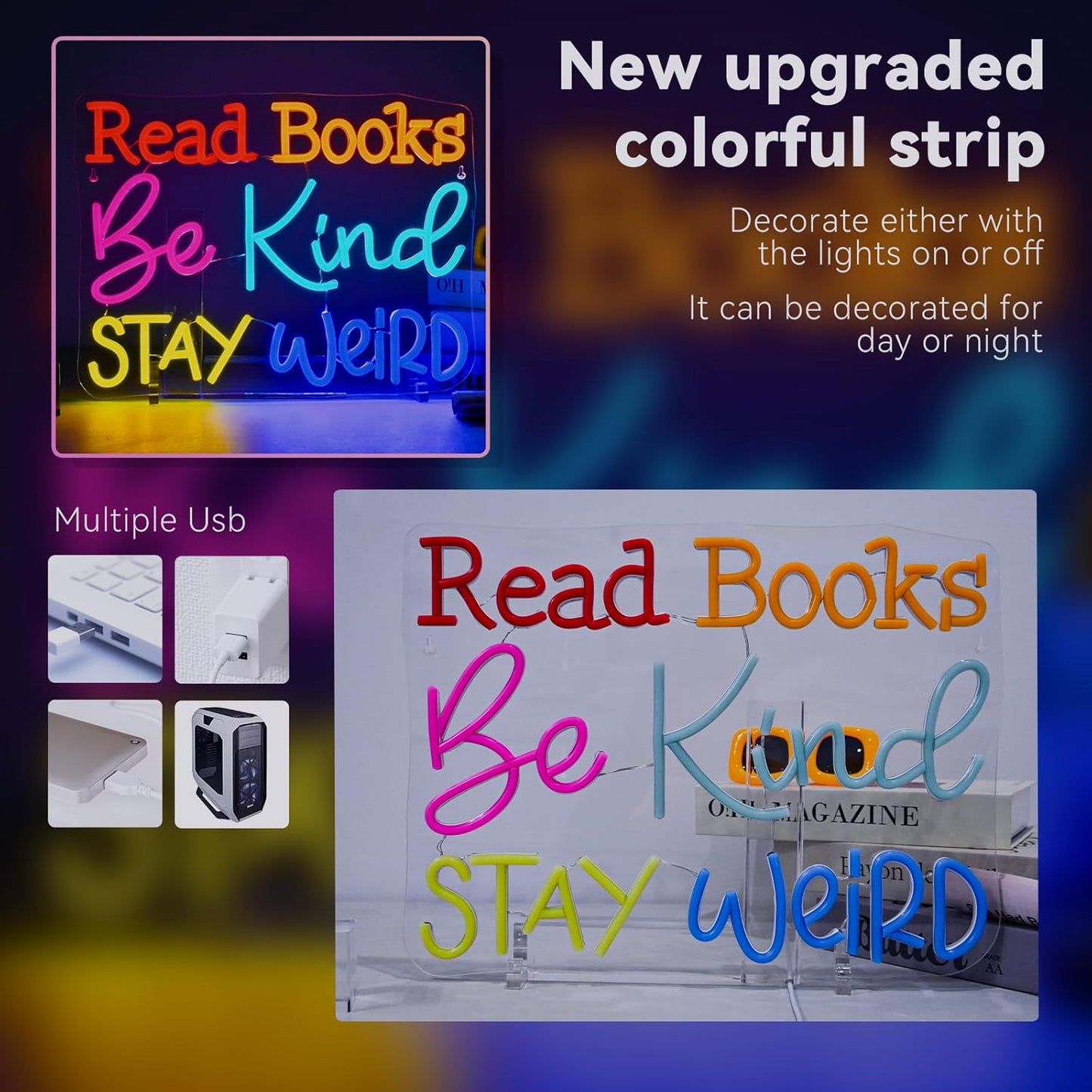 Ineonlife Read Books Be Kind Stay Weird Neon Sign Classroom Neon Lights Girls Club For Wall Decor Colorful Light Up Sign For Boys Bedroom Living Room Bookstore Library Bookish Decoration Teen Gifts