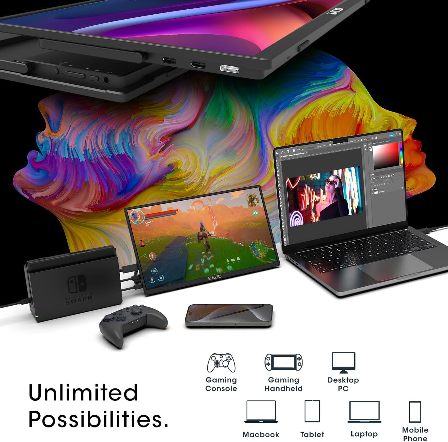 Kado Portable Monitor 15.6-Inch FHD 1080p, 45W Reverse Charging USB-C mini-HDMI Gaming Monitor IPS Display Built-in Speakers, Second Display 180° Kickstand for Laptop PC Phone Mac Xbox PS4/PS5 Switch