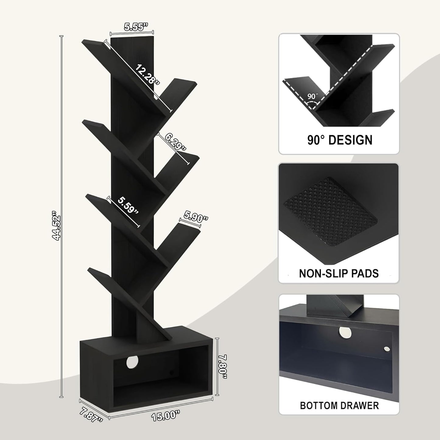 6 Tier Tree Bookshelf, Tall Narrow Wooden Bookcase with Drawer and Storage Cabinet, Freestanding Small Book Shelf Organizer for Bedroom, Living Room, Home Office, Black Display Shelf