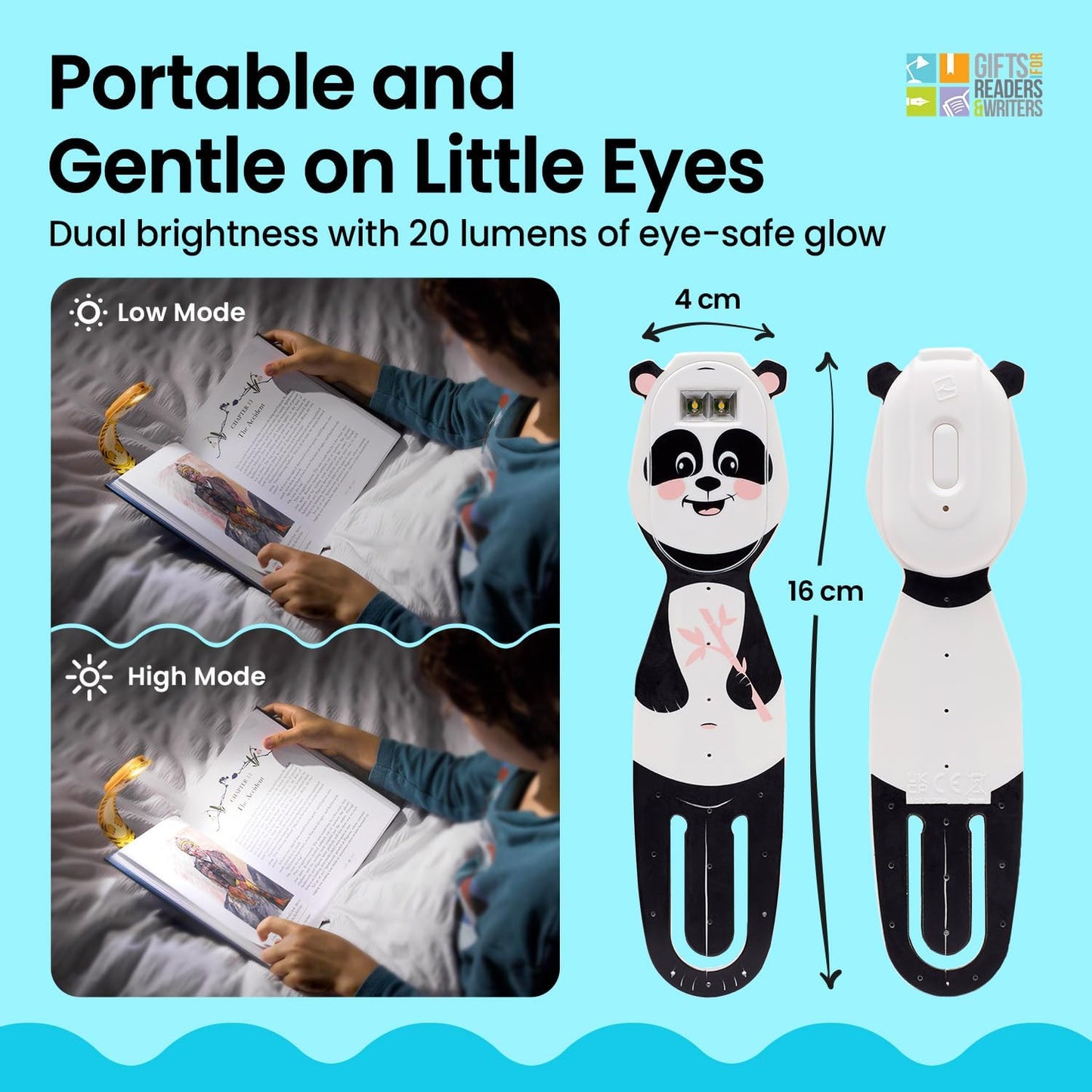 Gifts for Readers & Writers Rechargeable Book Light for Kids, Clip On Reading Light for Bed, 2in1 Flexilight Pals & Bookmark, 12 Hours of Light Once Charged, Includes USB Cable & 2 LED Lights, Panda
