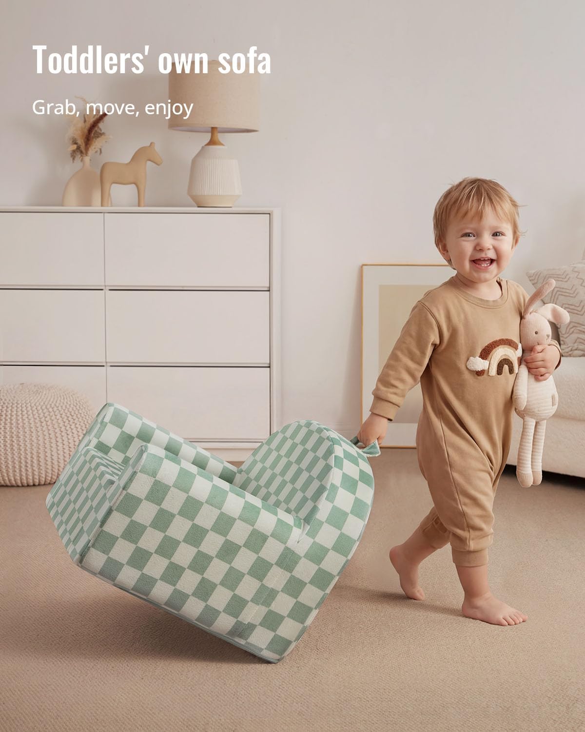 Blissful Diary Toddler Chair, Snuggly Soft Kids Sofa Chair, Supportive Toddler Couch for Boys and Girls, Kids Furniture for Baby Gift, Sage Checkered