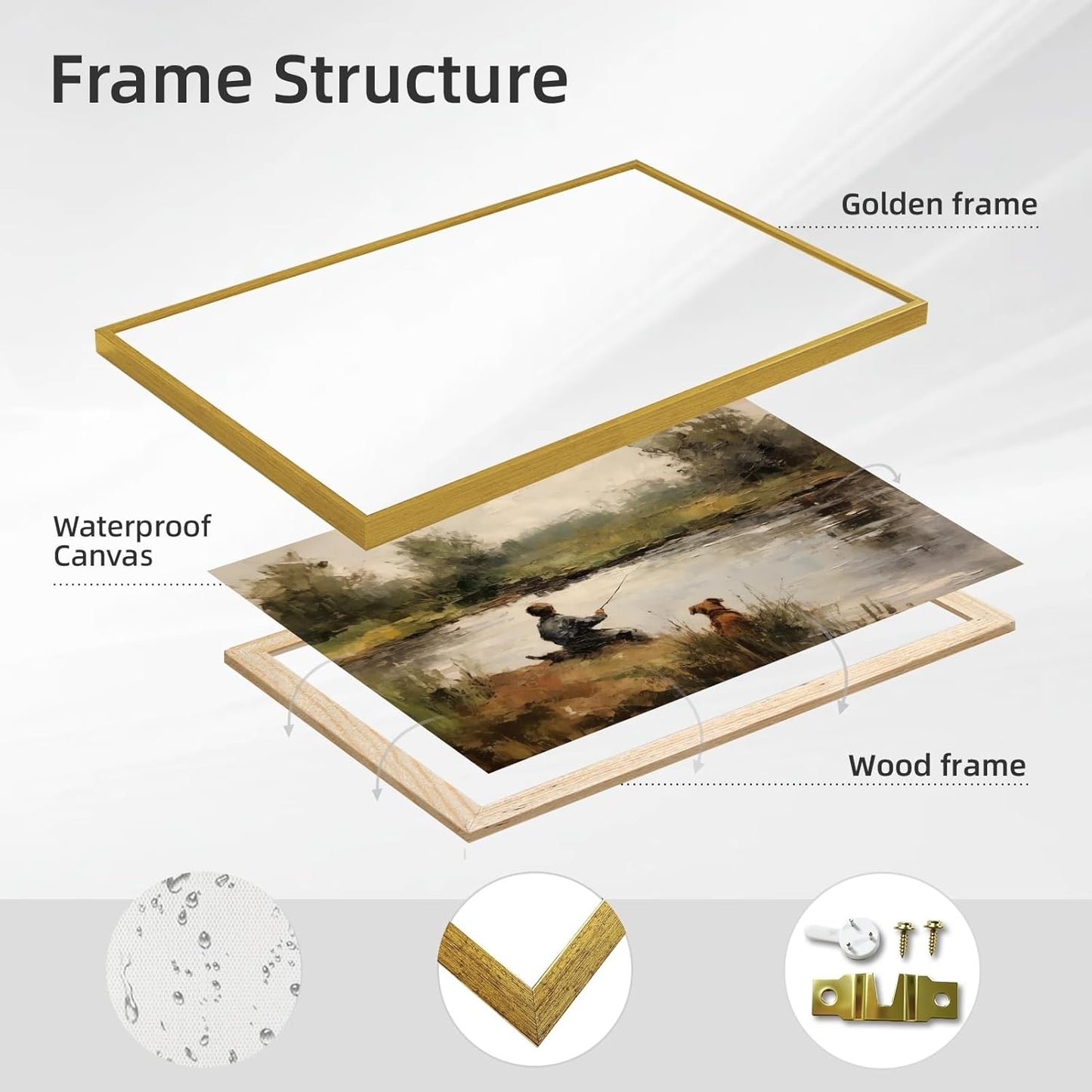 Large Gold Framed Vintage Boy Fishing Landscape Framed Wall Art Retro Lake Scene with Dog Oil Painting Poster Rustic Countryside Animal Picture Canvas Print for Farmhouse Boys Room Decor 36x24inch