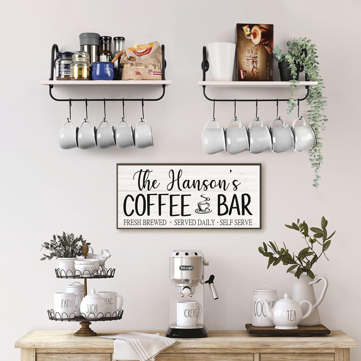 Olakee Floating Wall Shelves for Kitchen Bathroom Coffee Nook with 10 Adjustable Hooks for Mugs Cooking Utensils or Towel Rustic Storage Shelves Set of 2/17x5.9 inch (White)