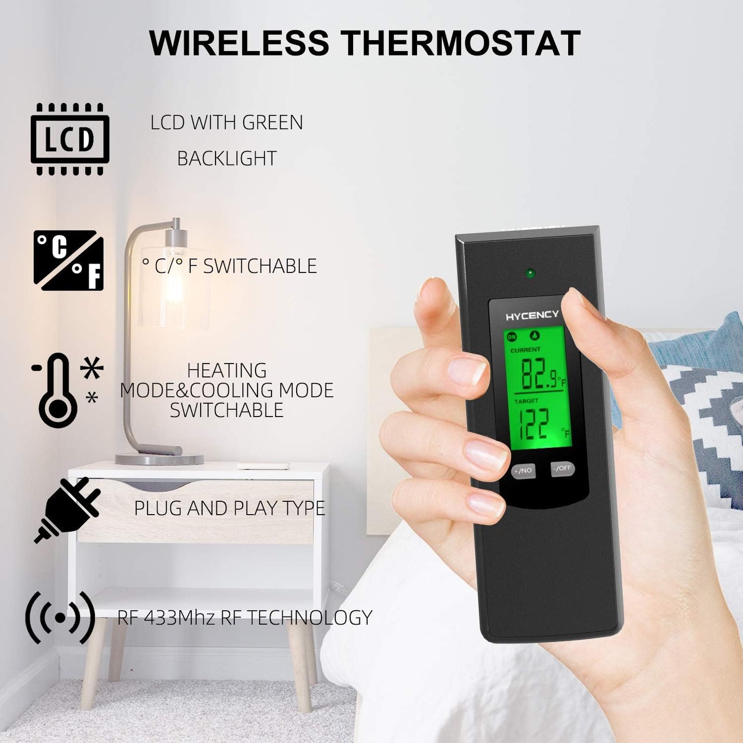 Wireless Plug in Thermostat Outlet, Electric Thermostat Controlled Outlet with Built-in Temperature Sensor Remote Control (Black)