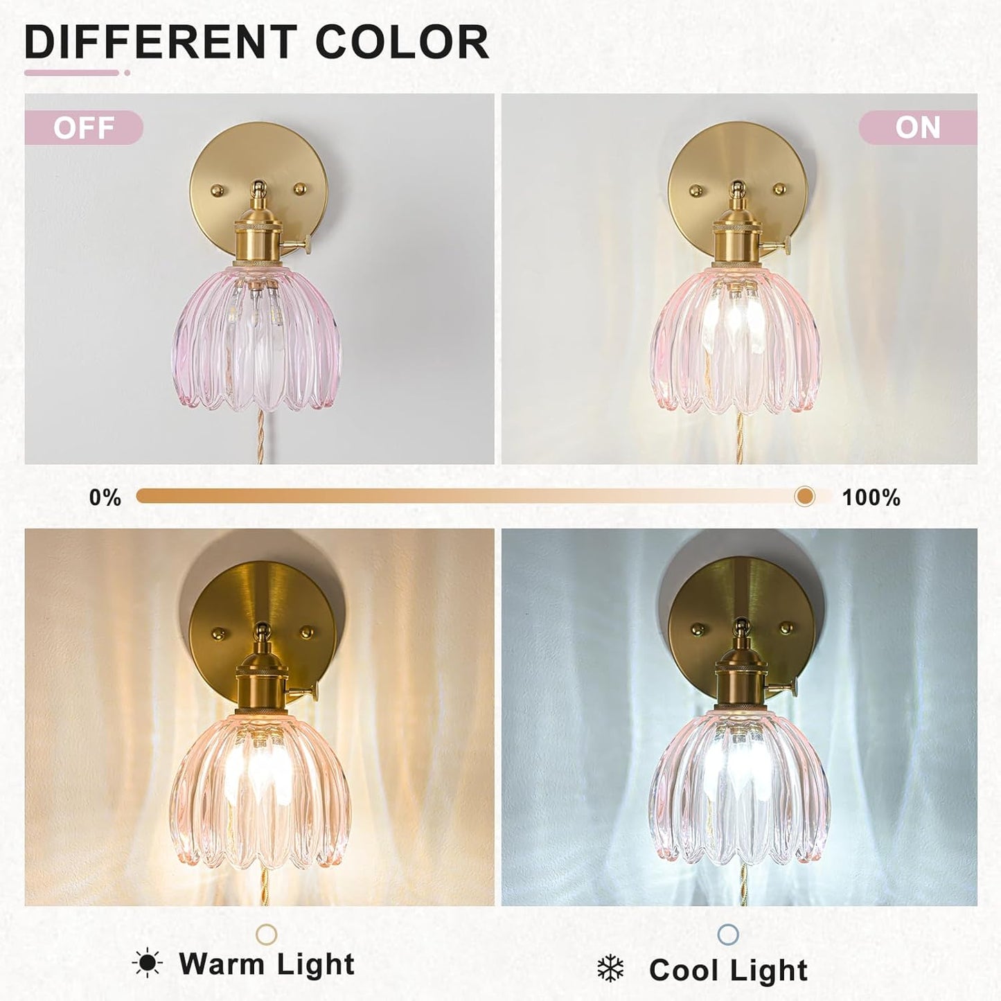 Plug in Wall Sconce, Vintage Sconce Light with Tulip Pink Glass Lampshade, Bedside Wall Sconce with Switch and Plug in Wall Lamp Cord, Gold Wall Light for Bedroom