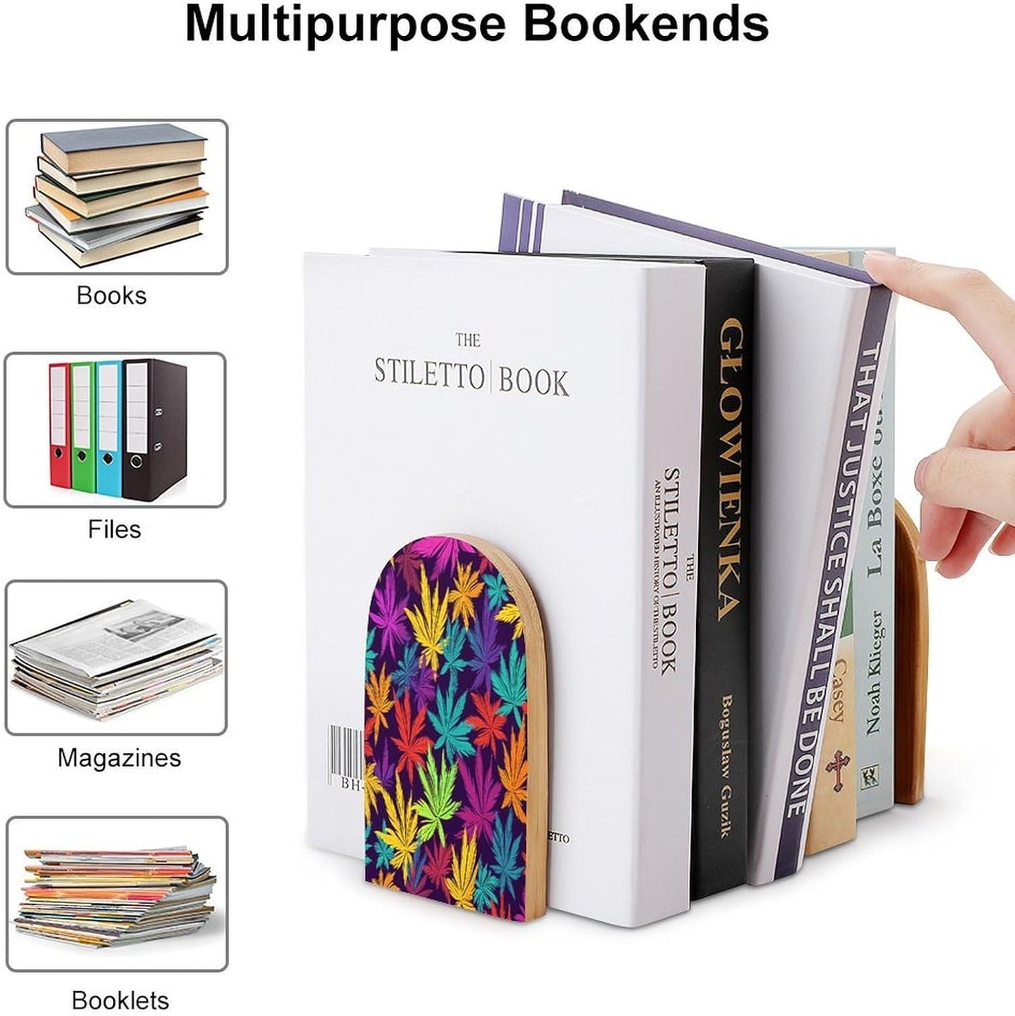 Bright Colorful Weed Pattern Bookends 1 Pair Heavy Duty Book Ends for Shelves Non-Skid Bookend Supports Wooden Book Holders with Metal Base Desk Organizers Books Storage to Hold Books