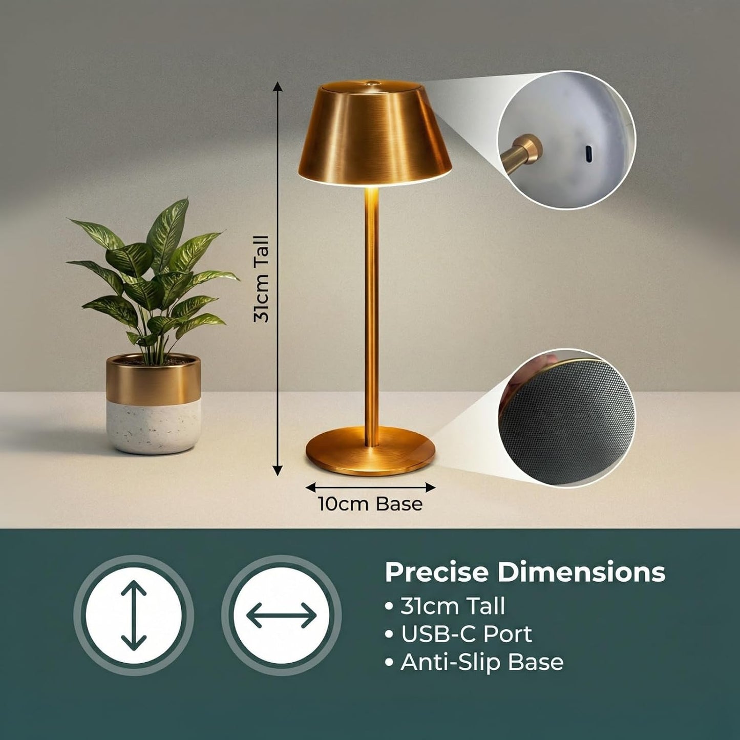 2 Pack Gold Cordless Table Lamp, All-Metal Brushed Finish Brass Cordless Table Lamp, Rechargeable with Long Battery Life, Touch Control Accent Light for Bedside, Dining Table, Living Room, Patio& Bar