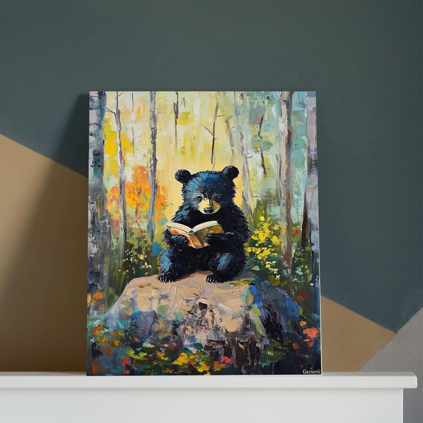 Retro Wall Art Funny Bear Reading Book Poster Trendy Humor Animal Aesthetic Oil Art Canvas Prints for Bathroom Living Room Bedroom Wall Decor 8x10inch Framed