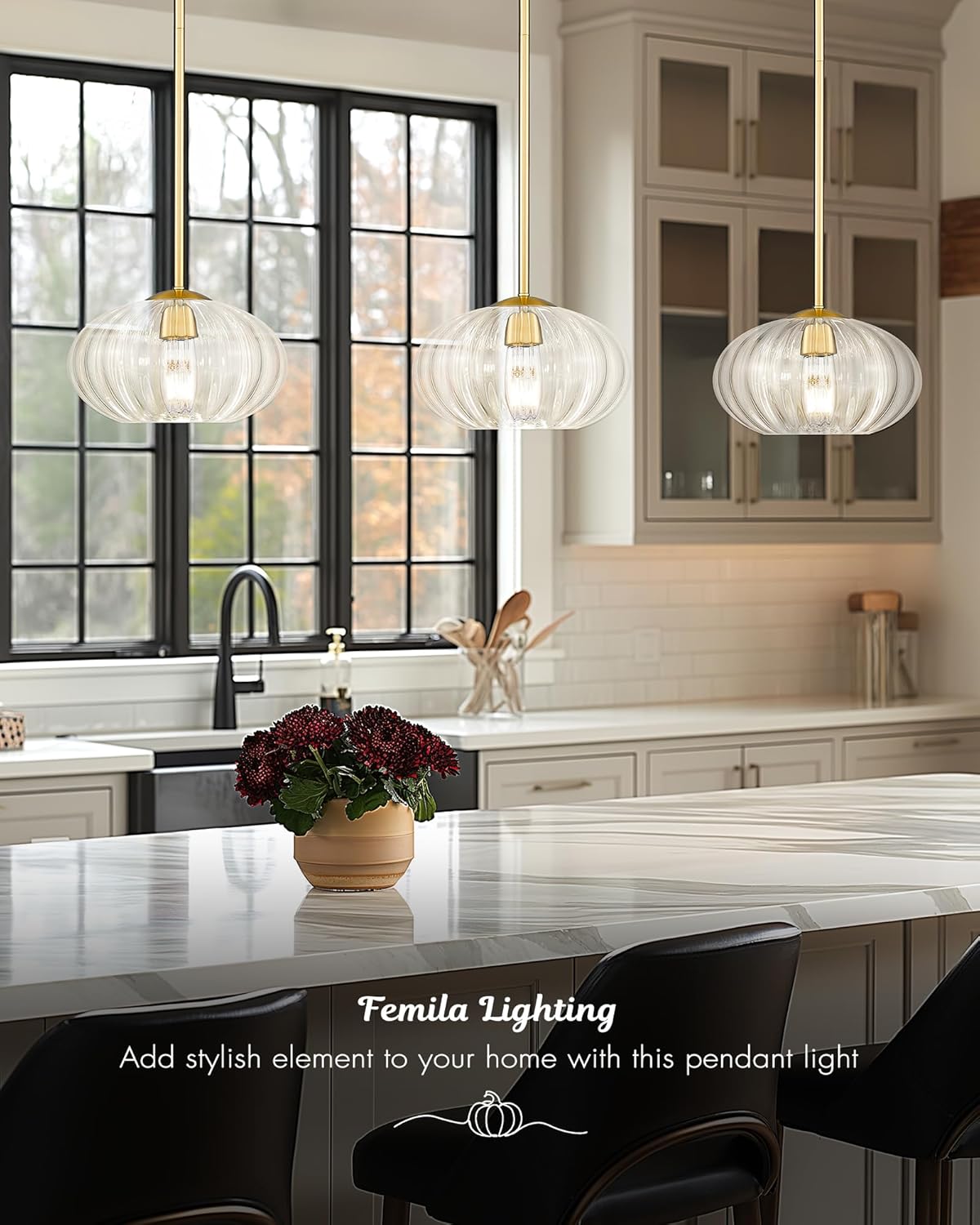 FEMILA Pendant Light for Kitchen Island, 10.3" Brushed Gold Pendant Lighting, Dome Glass Pendant Light Vintage Light Fixtures for Bedroom Hotel Dining Room, 4FYD85MIL BG