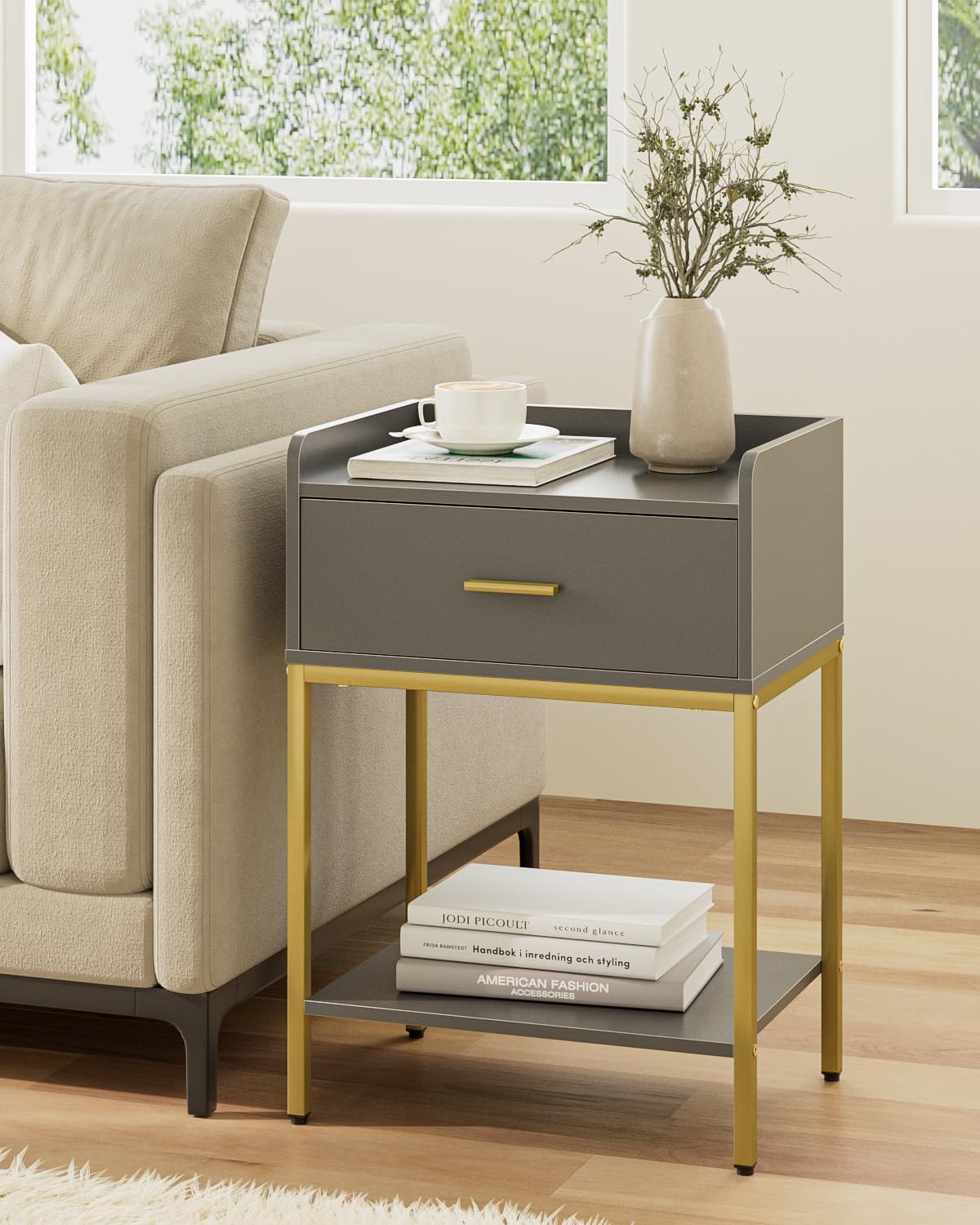 Nightstand,3-Tier Modern Night Stand,Bedside Table with Storage Drawer and Shelf,Small Side Table for Bedroom,Living Room,Gray