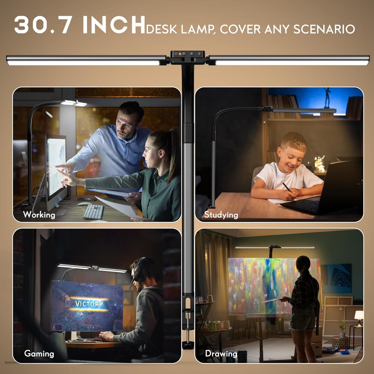 Quntis Desk Lamp for Home Office, 30.7'' Double Head Architect Desk Light with Clamp, 24W Bright 25 Lighting Modes Eye Care No Glare, Adjustable Gooseneck Task Lamp Workbench Reading Study, Gray