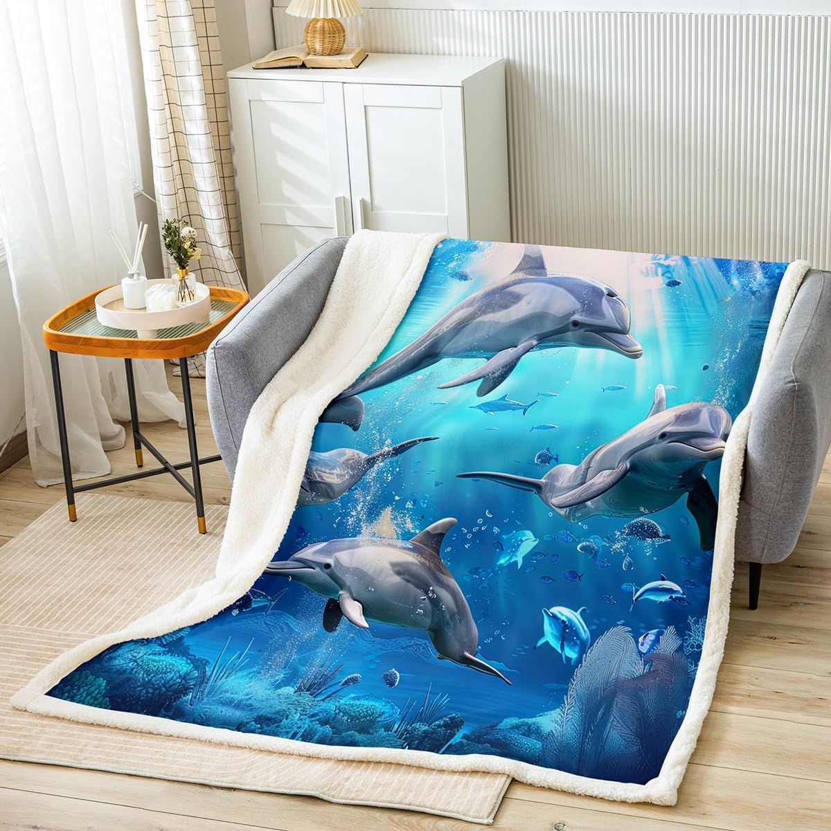 Dolphin Fleece Blanket 3D Marine Animals Throw Blanket for Kid Teen Boys Girls Blue Ocean Throw Blanket for Adult Bedroom Living Room Tapestrie Baby 30X40