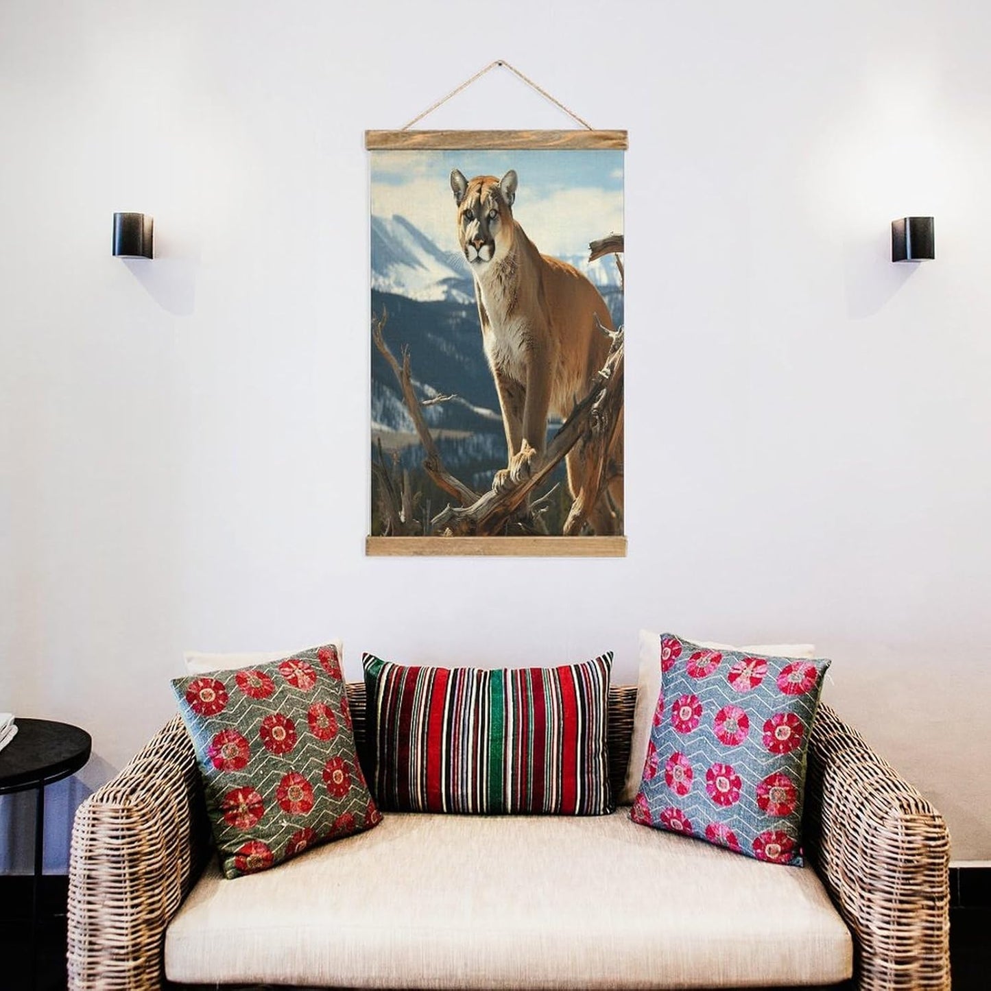 Vintage Panther Mountain Lion Poster with Wooden Frame Personalized Linen Hanging Scroll Painting Rustic Wall Hanging Illustrative Modern Artwork Decor for Home Living Room Bedroom Office