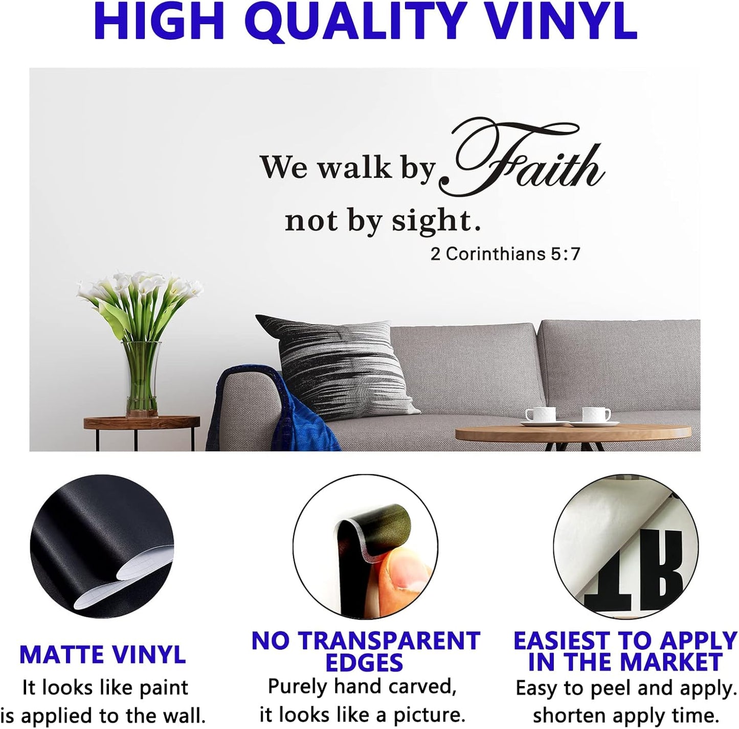 VODOE Wall Decals for Living Room, Bible Verse Wall Decals, Quotes Faith Scripture Biblical Christian Religious Church Phrase Family Home Art Decor Vinyl Stickers We Walk by Faith Not by Sight 23"X9"