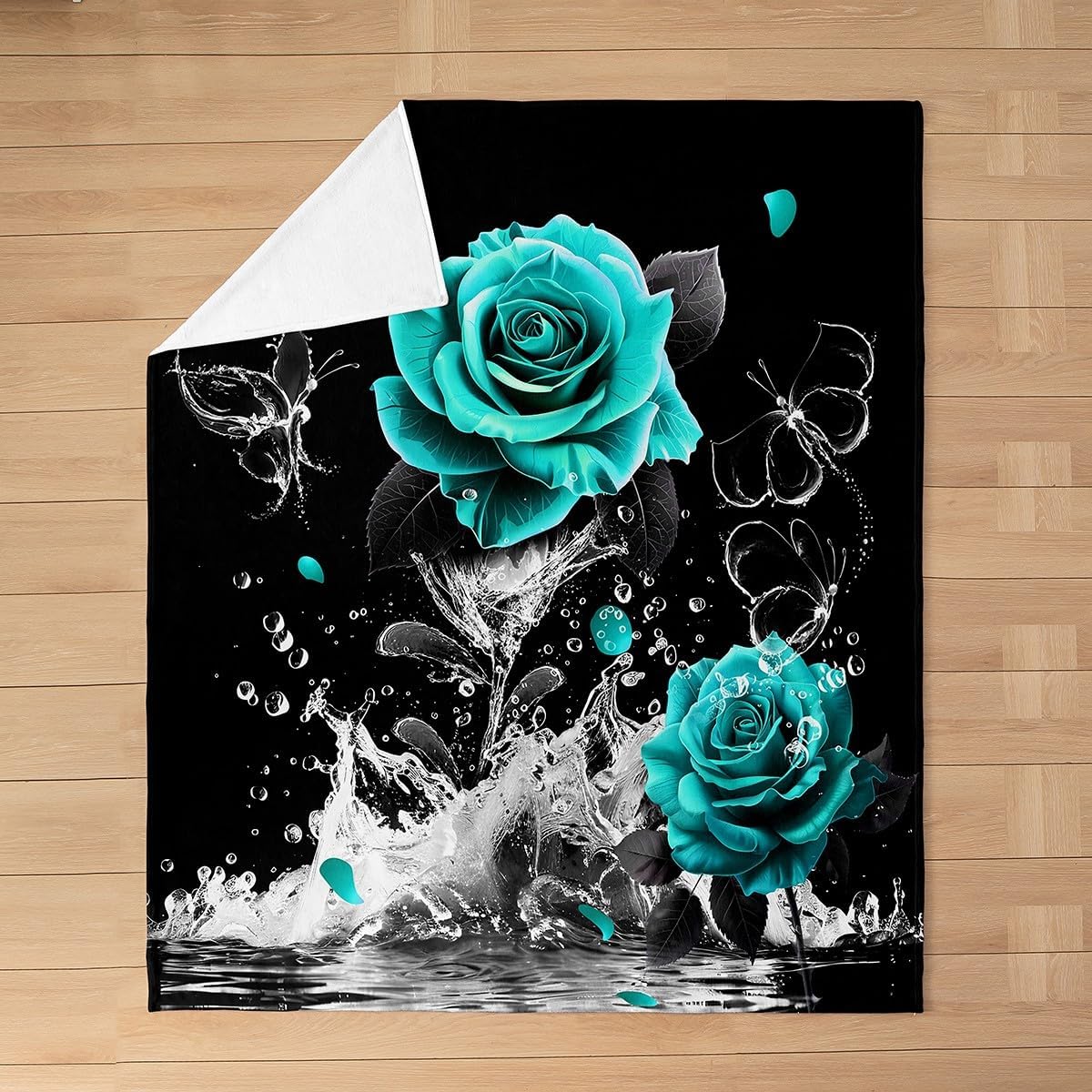 Feelyou Teal Rose Flannel Fleece Throw Blanket Throw 50"x60" Romantic Floral Blossom for Adult Black Teal Plush Blanket Reflection on Water