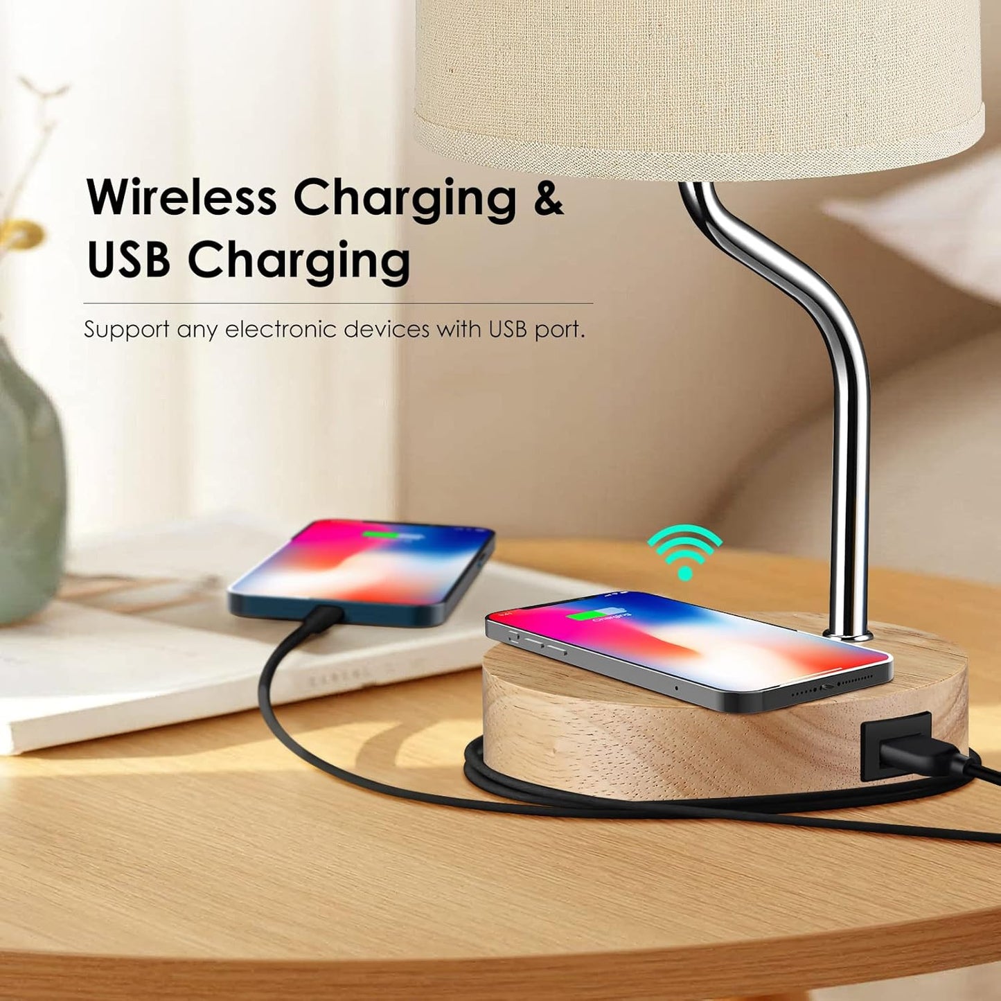 Upgraded Smart Bedside Table Lamp with Wireless Charger & USB Port - Touch Control LED Desk Lamp for Bedroom, Dimmable Wooden Nightstand Lamp with Fabric Shade for Home Living Room, Kid's Room Cream