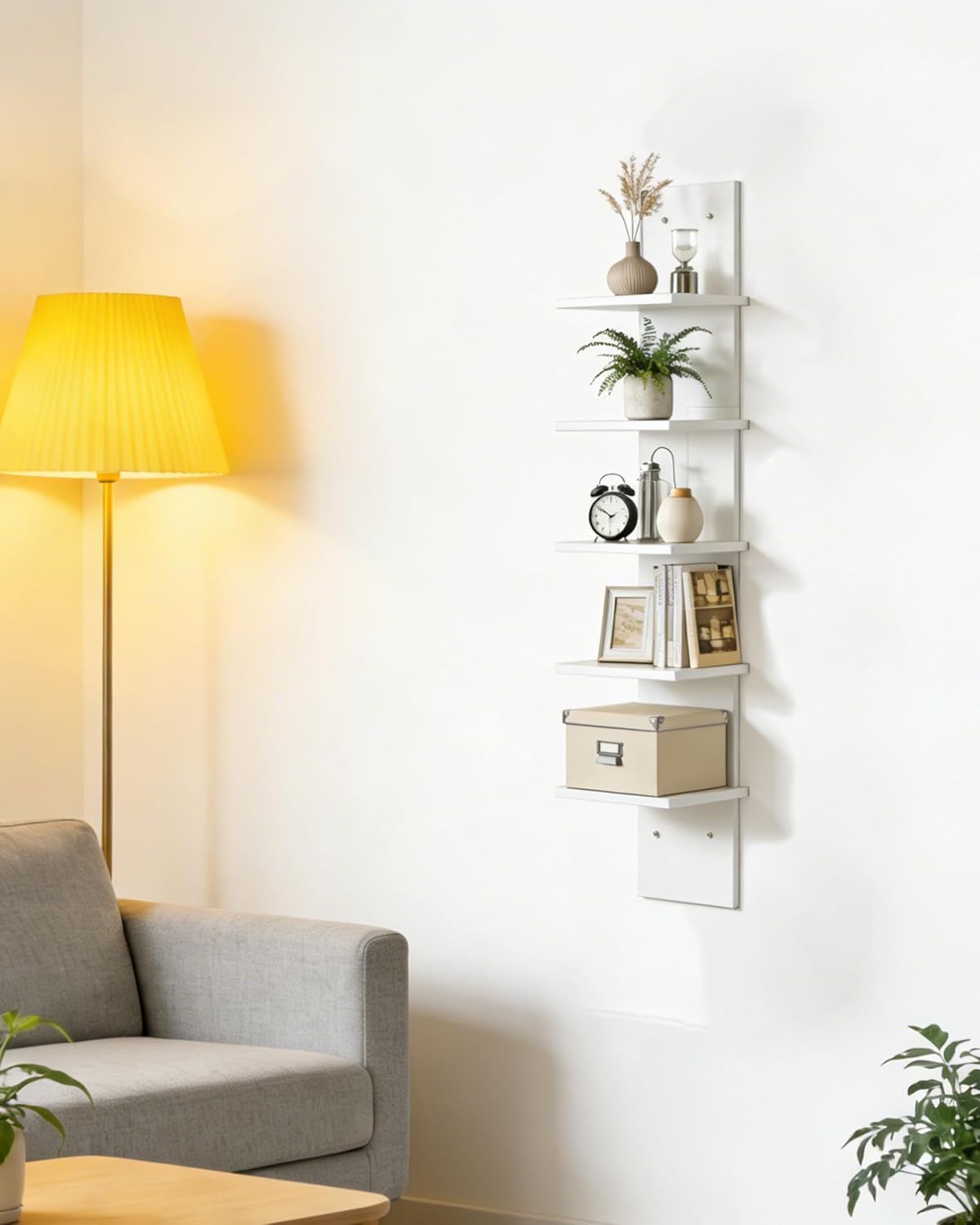 Ladder Shelf, 5-Tier Wall Mounted Bookshelf, Modern Simple Storage Rack,Easy to Install, for Living Room, Bedroom & Study, White