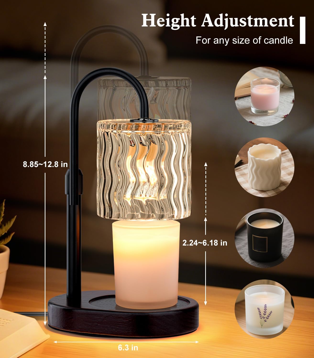 Candle Warmer Lamp Electric: Dimmable Timer Candles Warming Lamps - Height Adjustable Burner Jar - No Flame Scented Melts Wax - All Candle Jars Home Decor Table Light