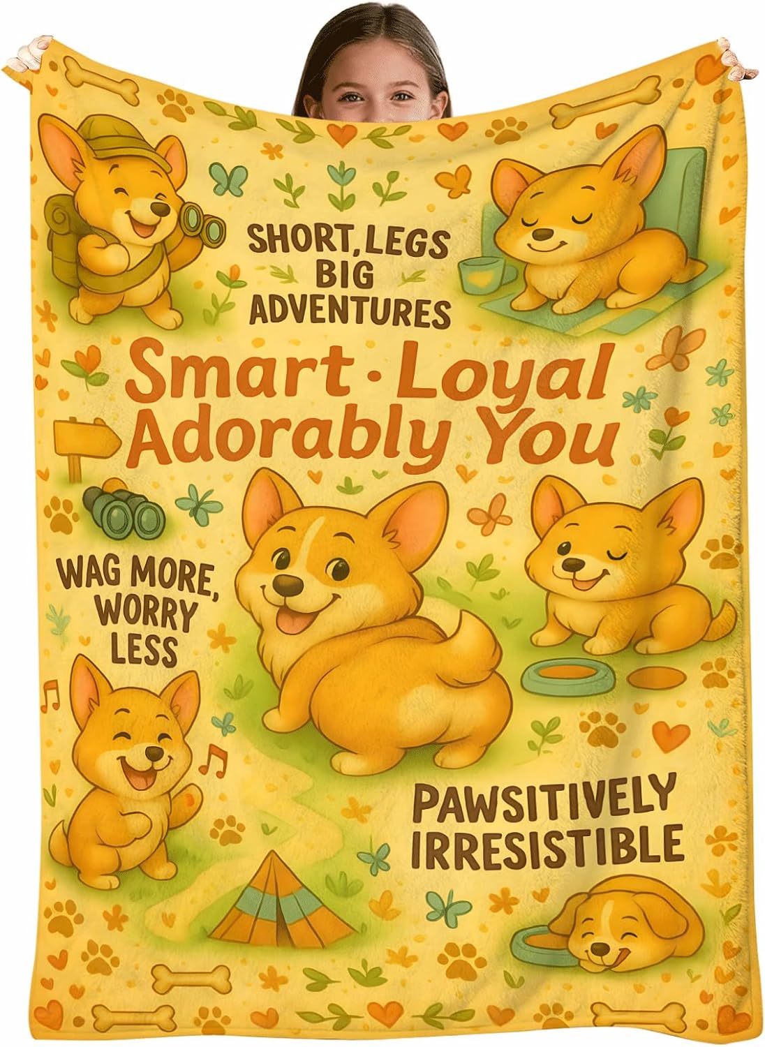Corgi Blanket 60x50, Soft Flannel Fleece Throw, Cartoon Camping Dog Print, Cozy Couch Sofa Bed Decor, Gift for Corgi Lovers, Kids Teens Women, Machine Washable