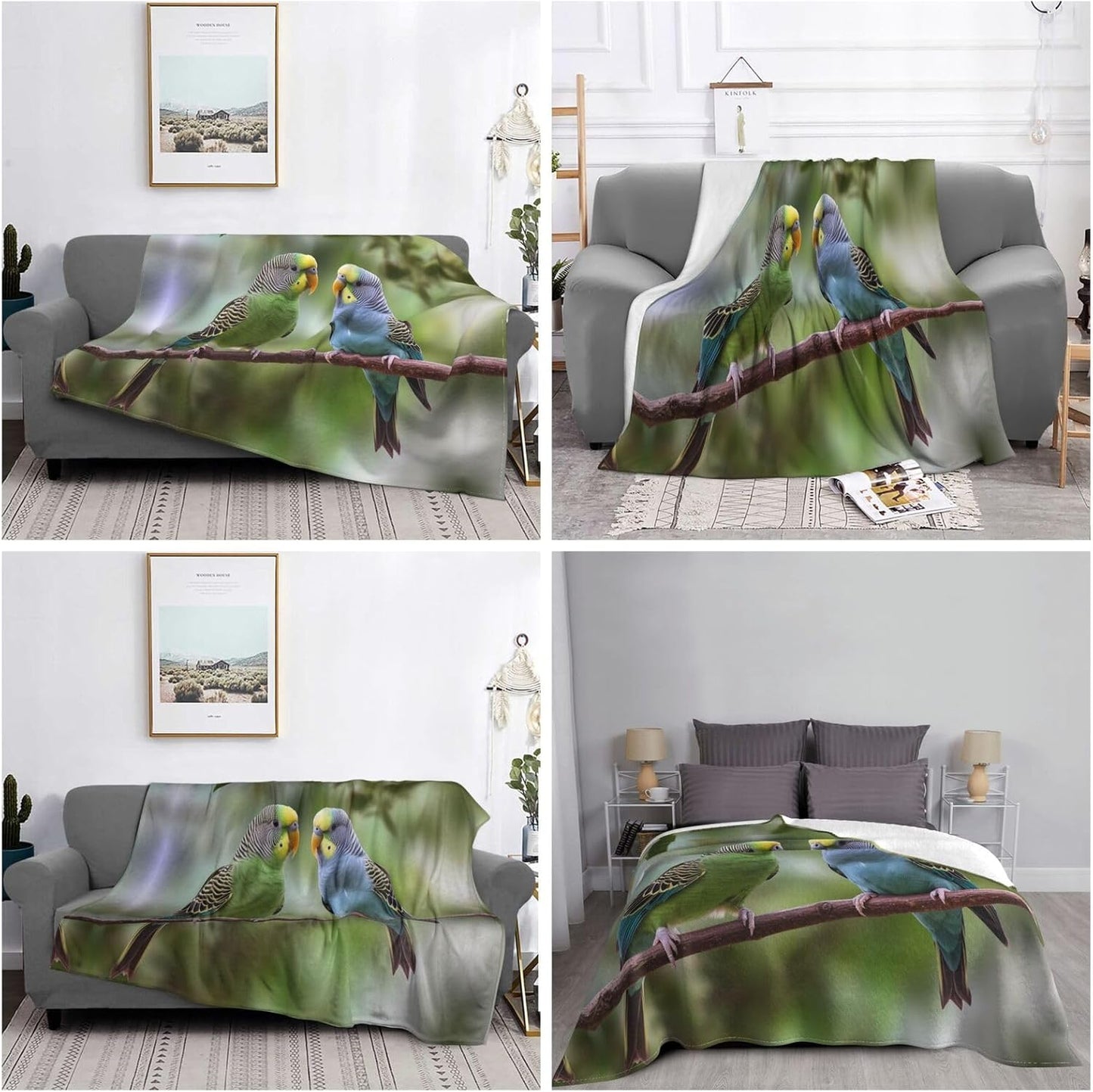 Ultra-Soft Micro Fleece Blanket Lightweight Flannel Fuzzy Blanket Blue and Green Parakeets Throw Blanket 60"x50" Warm Cozy Plush Blanket Air Conditioning Quilt Large Fleece Blanket for Bed Couch Sofa