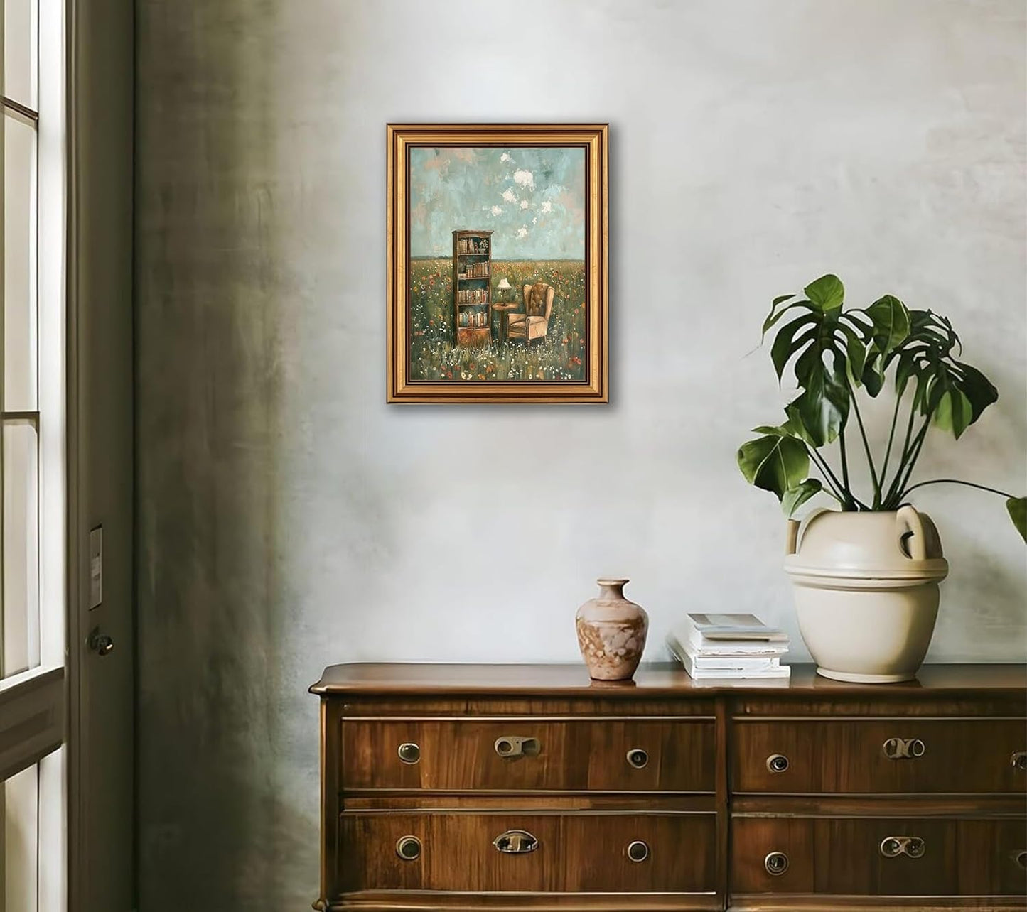 Devunaty Vintage Gold Framed Wall Art for Living Room, Whimsical Book Lover Wall Decor Aesthetic, Country Flower Field Canvas Print Painting, Rustic Farmhouse Book Pictures for Bedroom Library 9"x11"