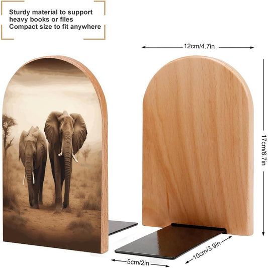 Wild Animals Elephants Bookend for Shelves Wooden Book End Large Size Sturdy Book Holders Stoppers with Metal Base for Bookshelves Slick Decorative Bookends Stands