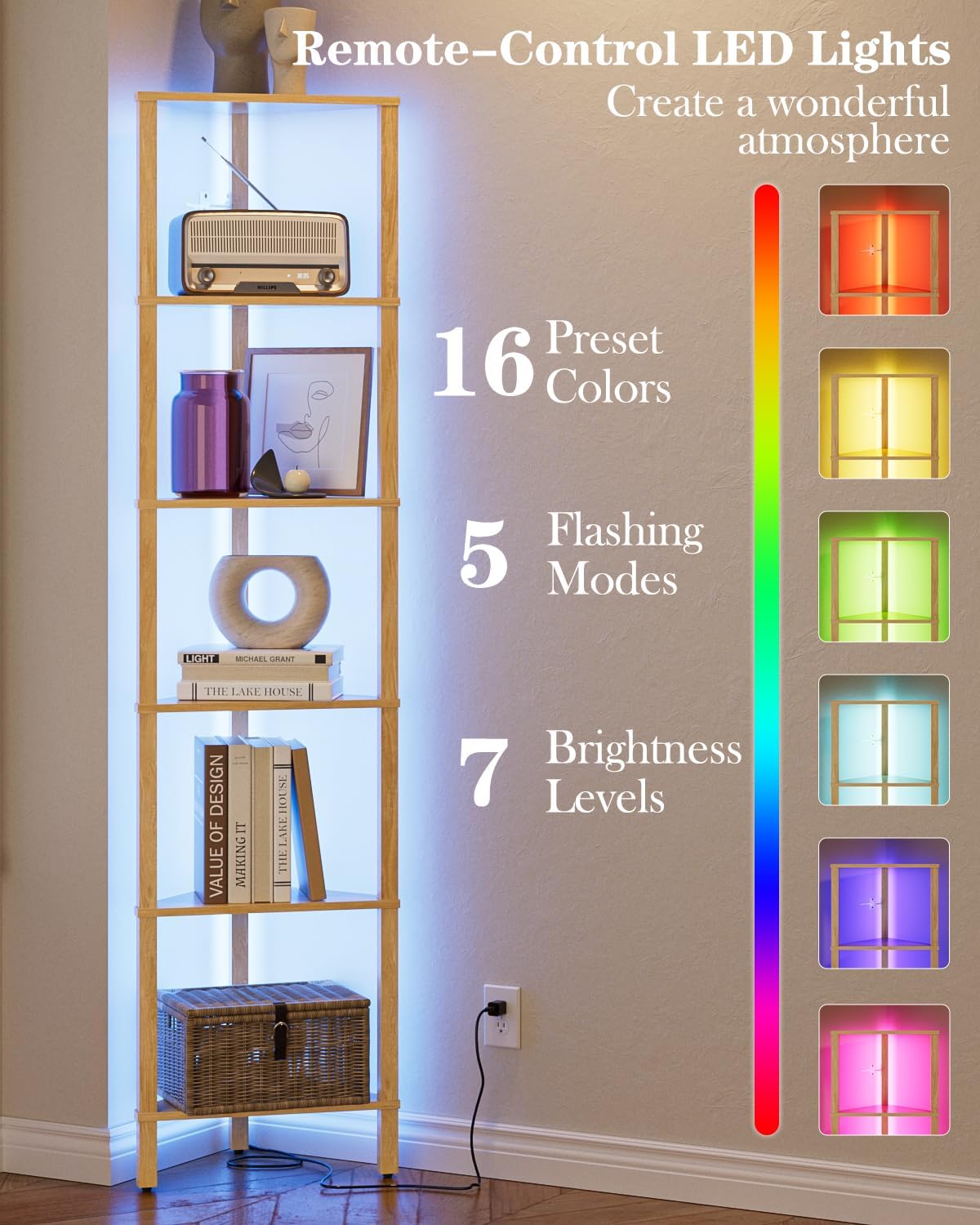 Corner Shelf with LED Light, 6-Tier Corner Bookshelf, Narrow Display Shelf with Storage Rack,Wood Corner Book Shelf for Living Room, Bedroom, Office, Oak