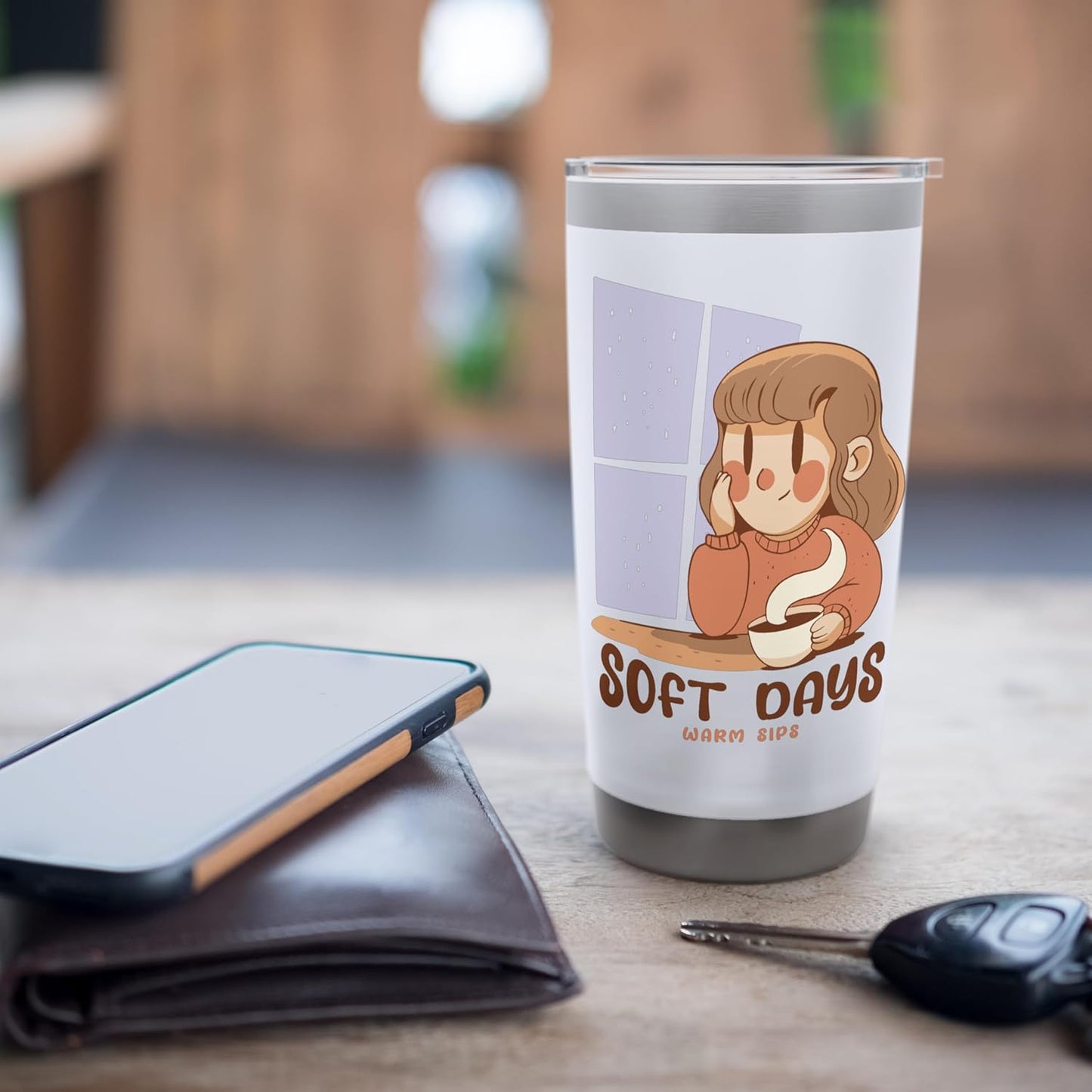 Soft Days Warm Sips Cozy Girl Rainy Hygge Vibe Winter Coffee Stainless Steel Insulated Tumbler