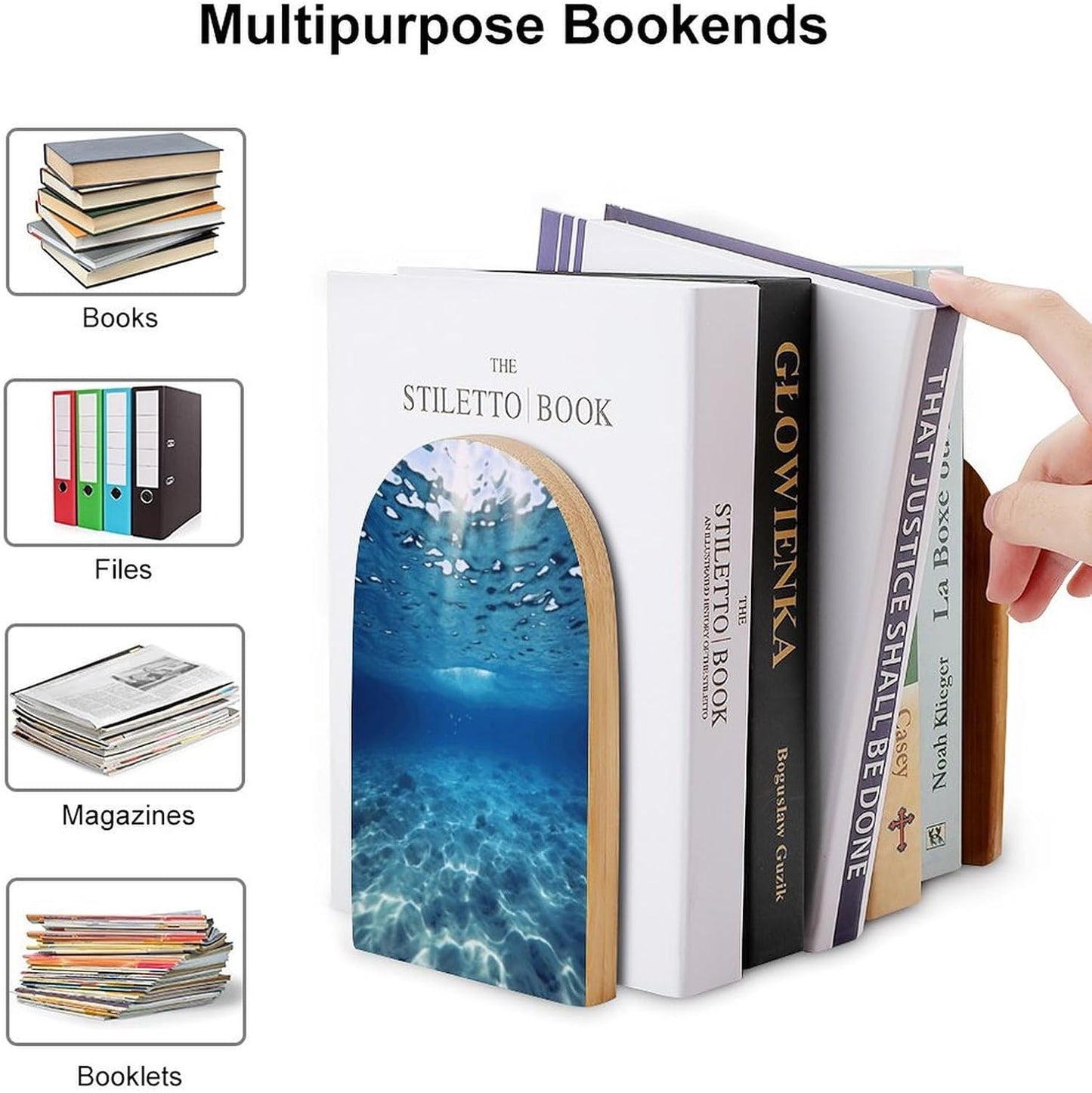 Blue Ocean Sea Bookend for Shelves Wooden Book End Large Size Sturdy Book Holders Stoppers with Metal Base for Bookshelves Slick Decorative Bookends Stands
