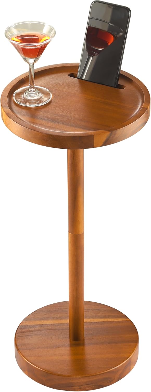 BLUEWEST Drink Table, 22" Tall Compact Side Table with Phone Slot and Weighted Base, Durable Pedestal Table Accent for Living Room, Bedroom, or Office, Cocktail and Martin (1, Acacia)